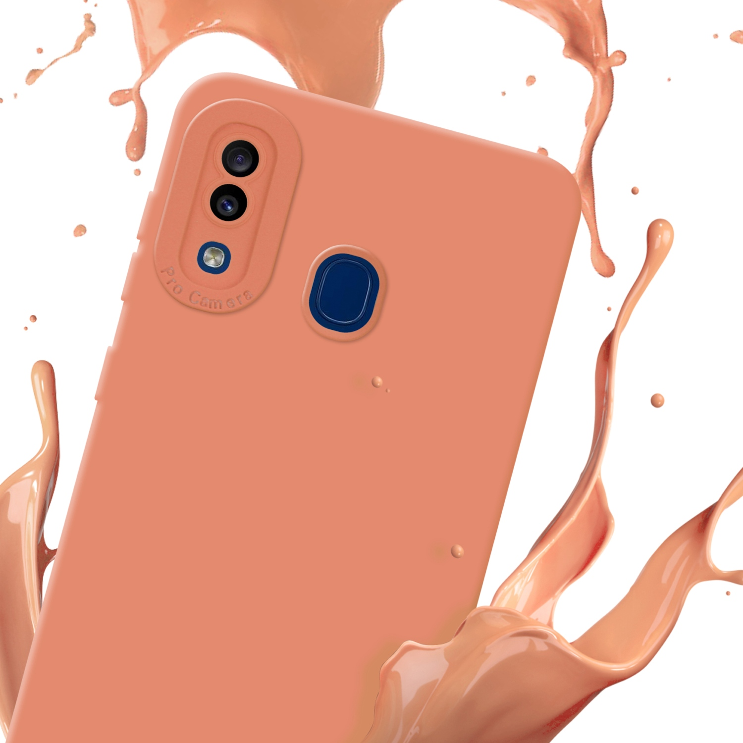 Custodia per telefono color pesca con lenti della fotocamera ed effetto spruzzo pesca su sfondo bianco.