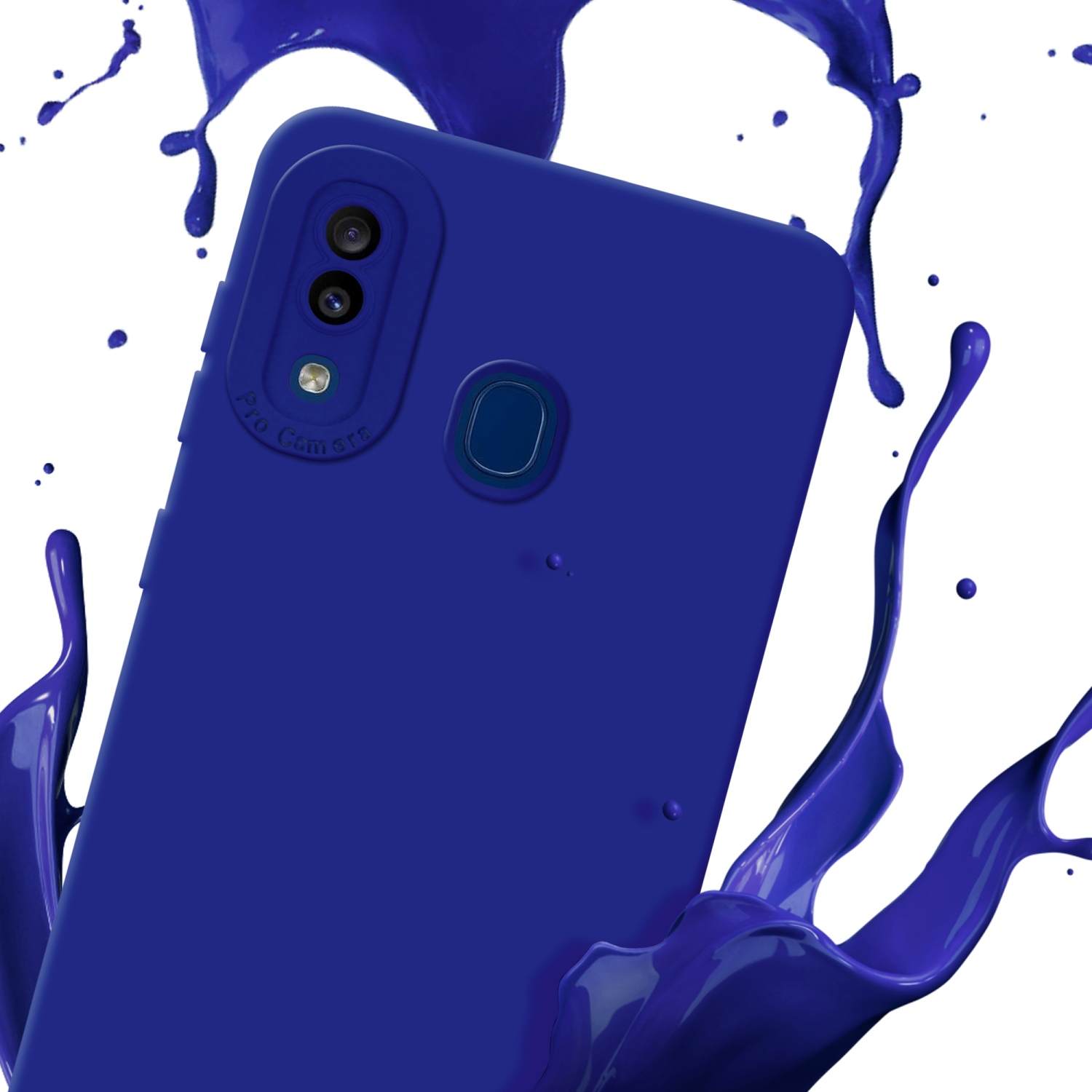 Una custodia blu per telefono con un modulo fotocamera è circondata da schizzi di vernice blu su sfondo bianco.