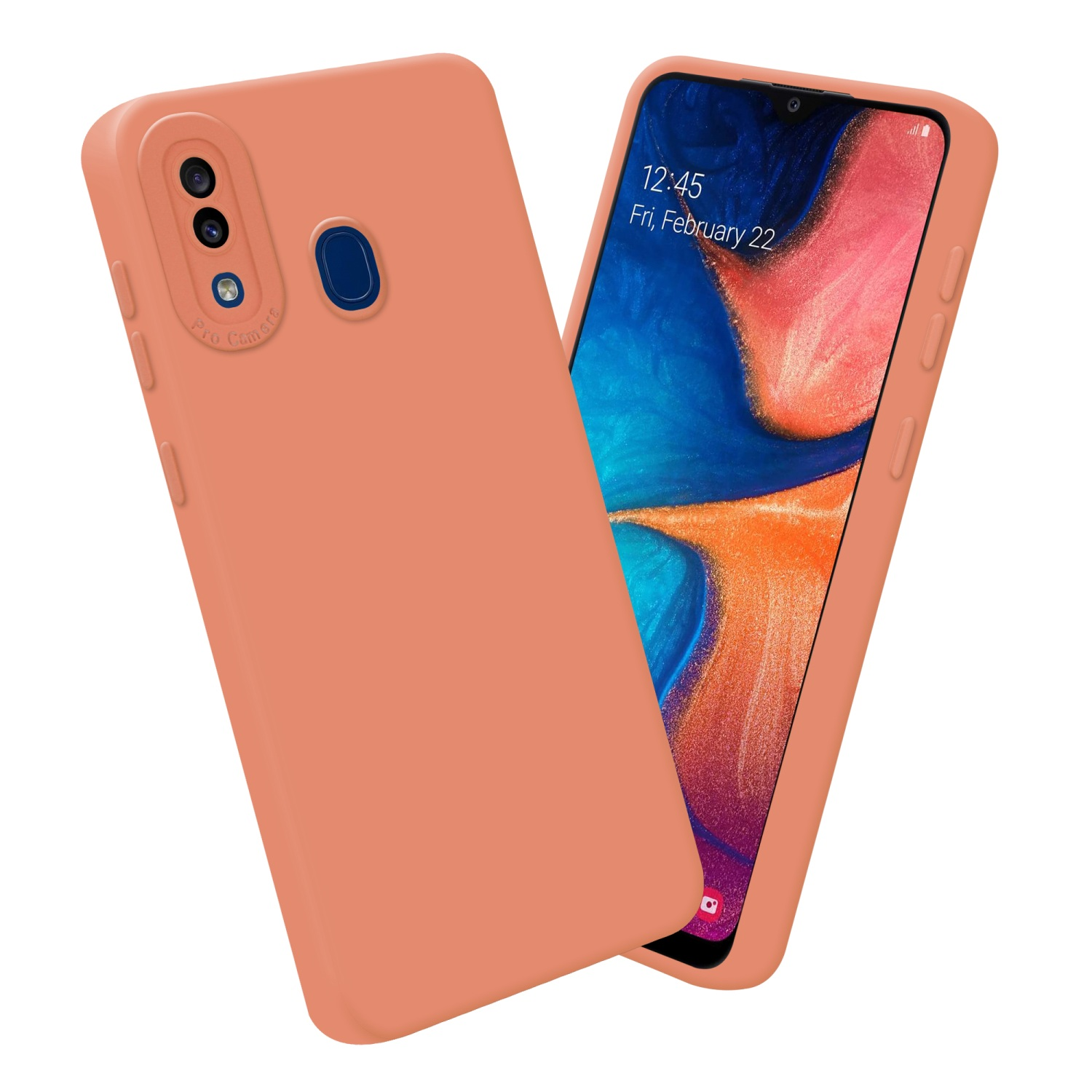 Due custodie color pesca. Una con fotocamere, l'altro telefono ha uno schermo.