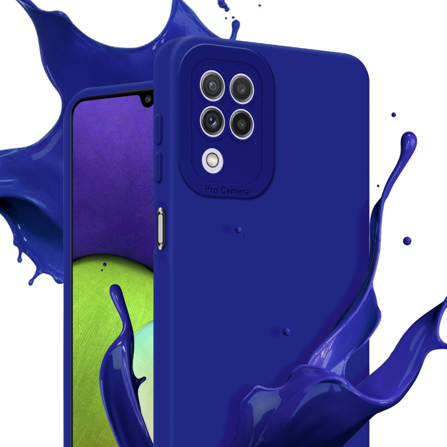 Una custodia per telefono blu con un'esplosione di vernice blu, che mostra la fotocamera del telefono.