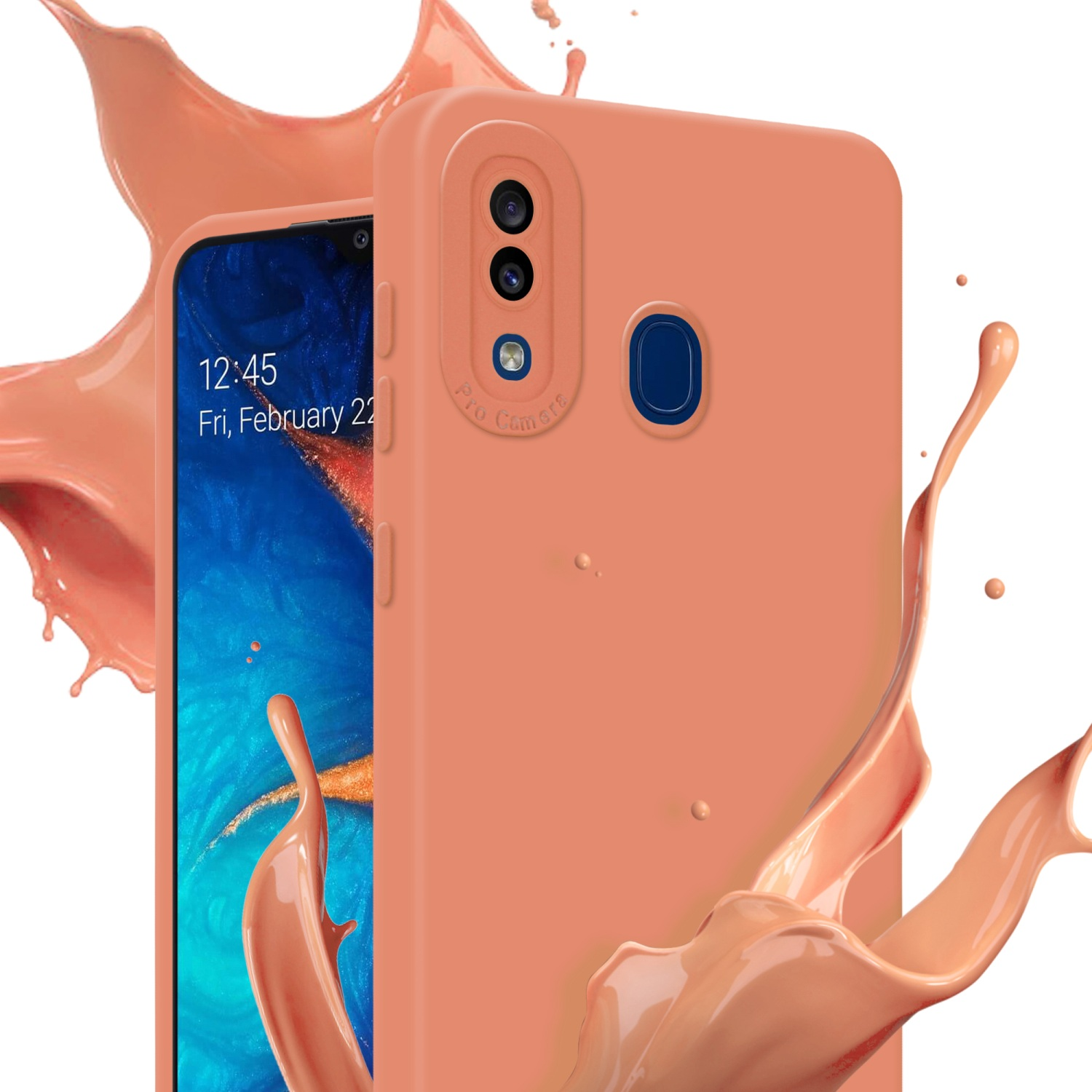 Custodia color pesca con spruzzi di colore. Lo schermo mostra una scena acquatica blu.
