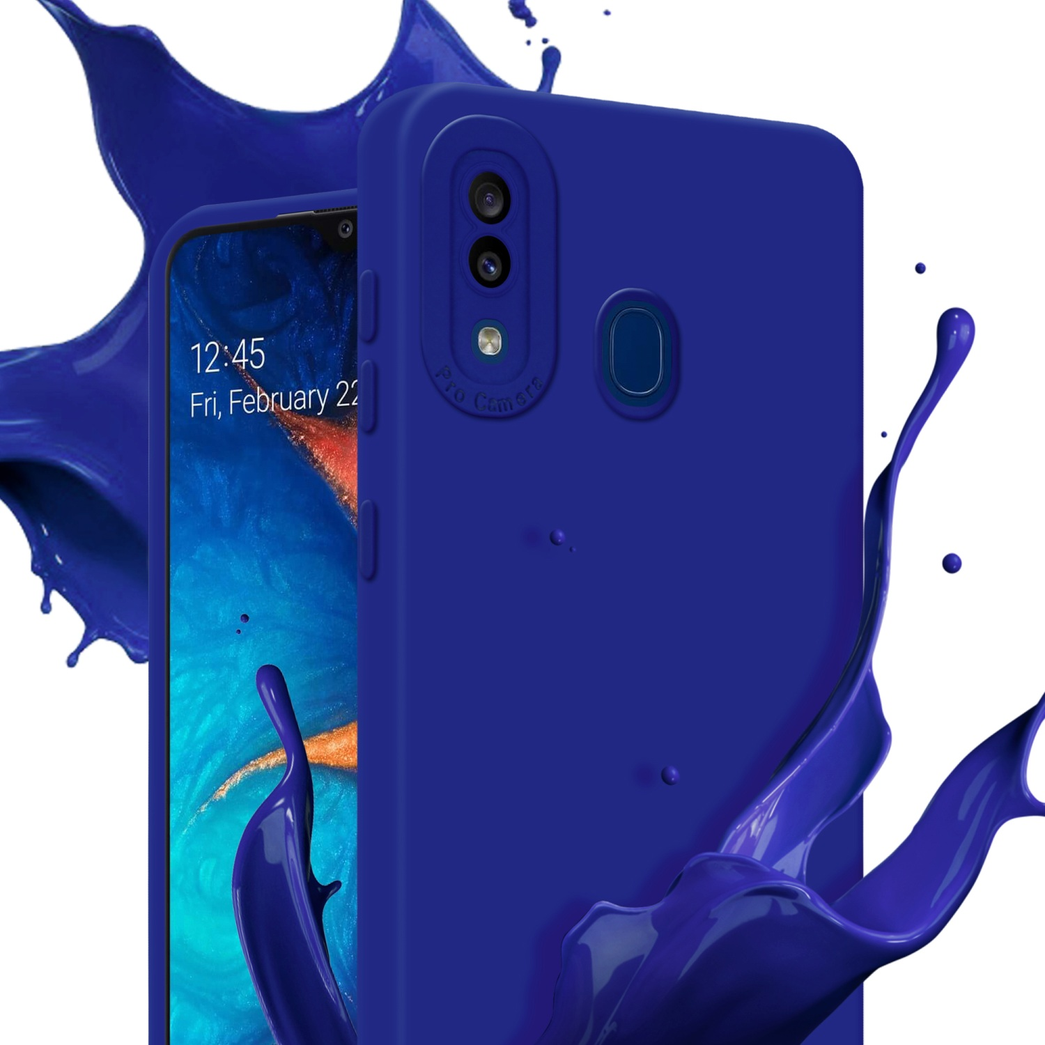 Custodia blu con schermo del telefono visibile. Etichetta Pro Camera. Data e ora visualizzate.