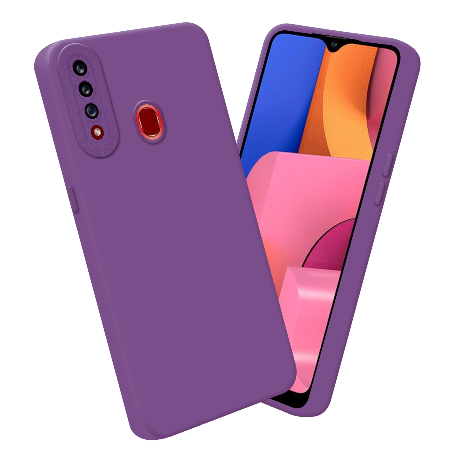 Lila Handyhülle mit mehreren Kameralinsen und Telefonscreen mit Oberfläche.