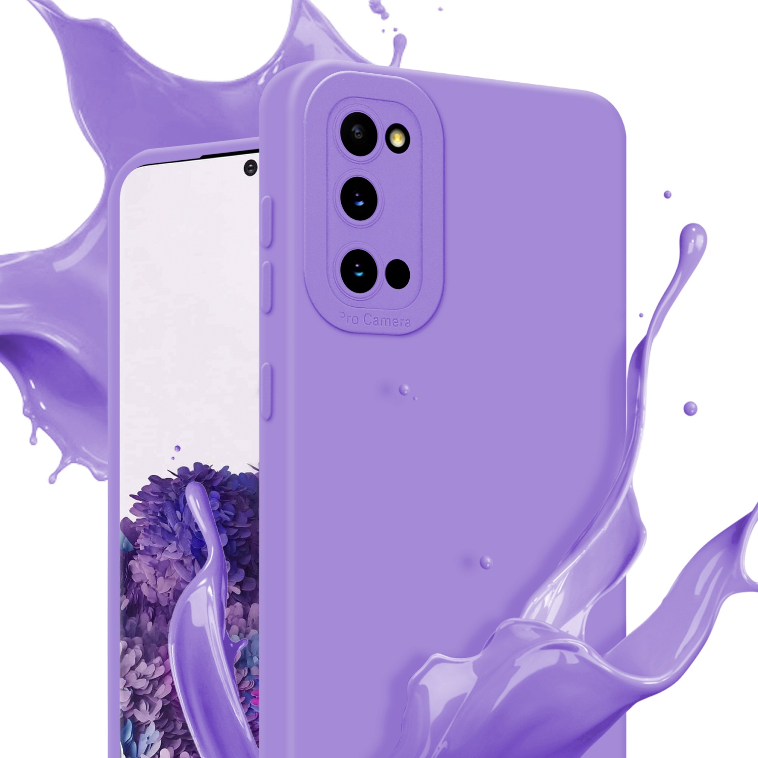 Lila Handyhülle neben dem Telefon. Lilafarbener Flüssigkeitsspritzer im Hintergrund. Weißer Hintergrund.