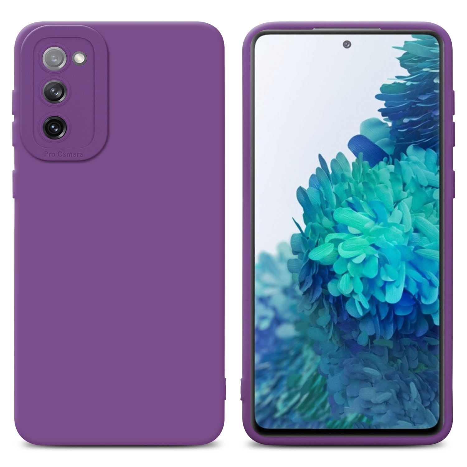 Custodia viola. Lo schermo mostra uno sfondo floreale. Il retro ha ritagli per la fotocamera.
