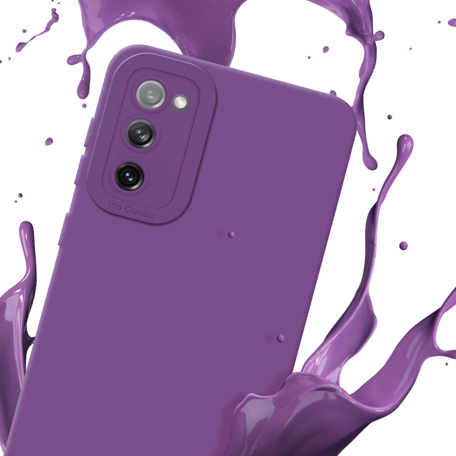 Una custodia per telefono viola con uno schizzo di vernice viola sullo sfondo, che evidenzia la fotocamera professionale.