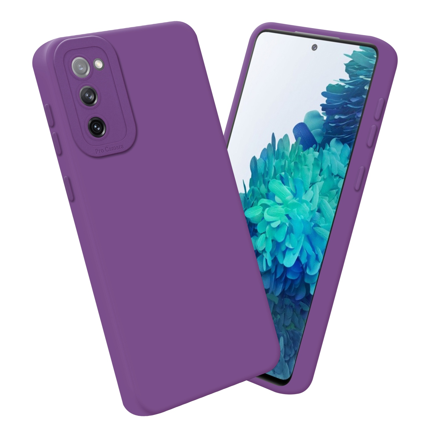 Una custodia viola con uno schermo del telefono sullo sfondo.