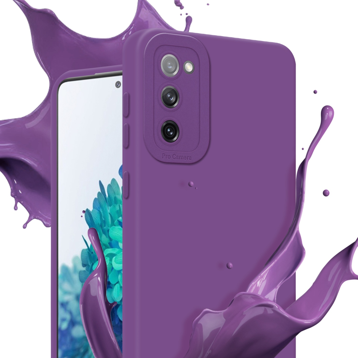 Telefono viola con custodia e spruzzi viola.