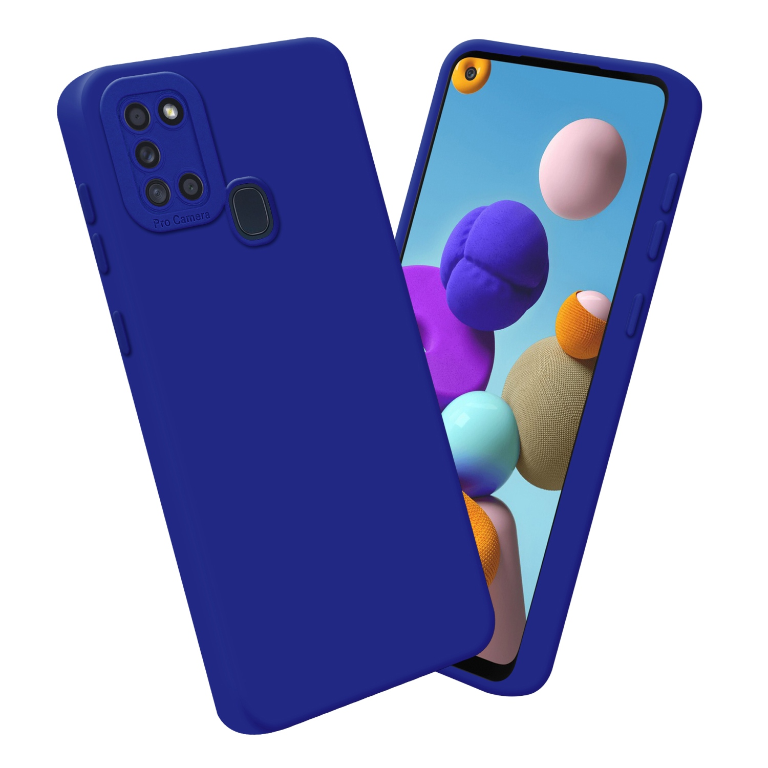 Due custodie per telefono blu. Una con il telefono, che mostra forme colorate.