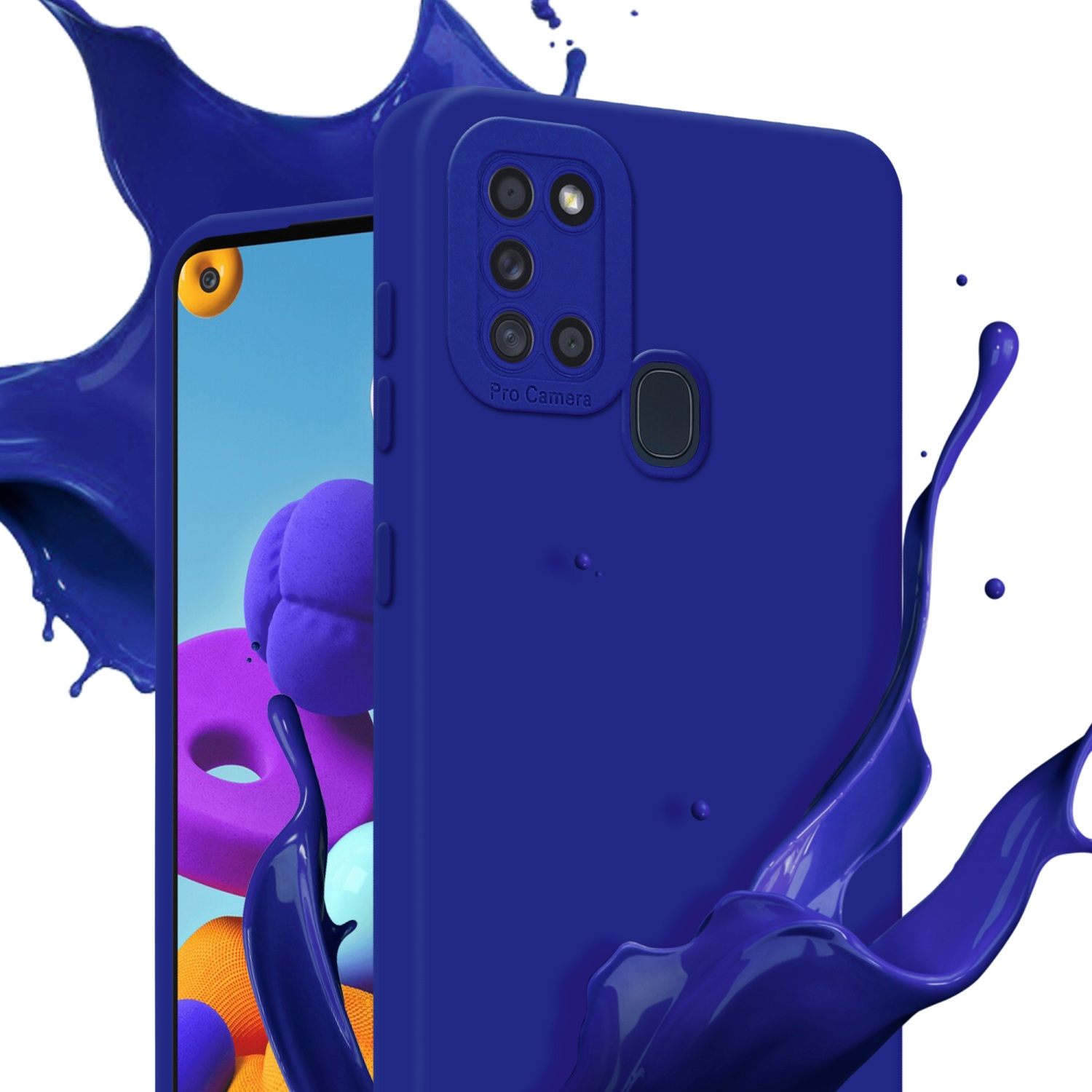 Una custodia per telefono blu scuro con ritagli per la fotocamera e spruzzi di vernice blu sullo sfondo.