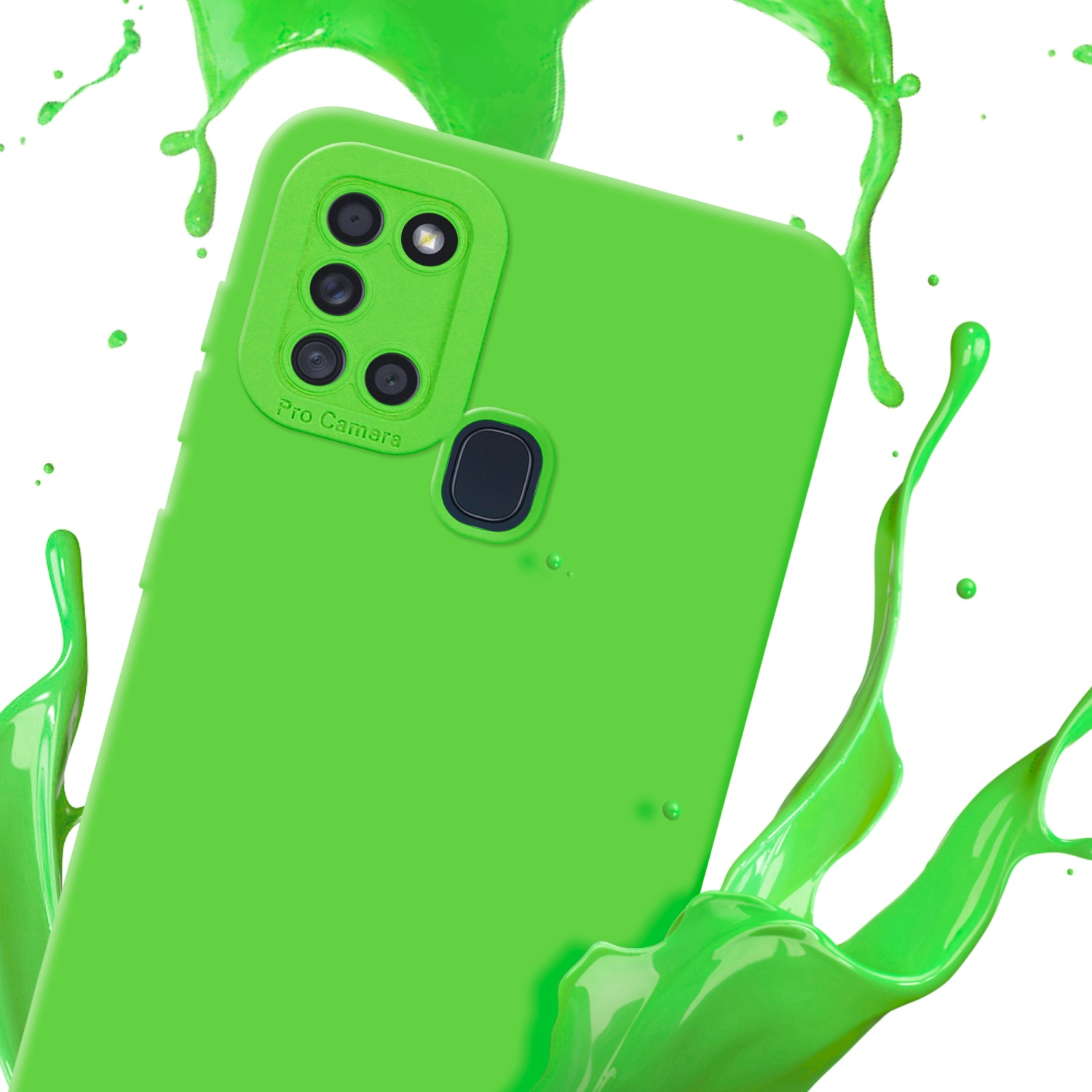 Custodia verde con splash verde. Telefono parzialmente visibile. Iscrizione Pro Camera visibile.