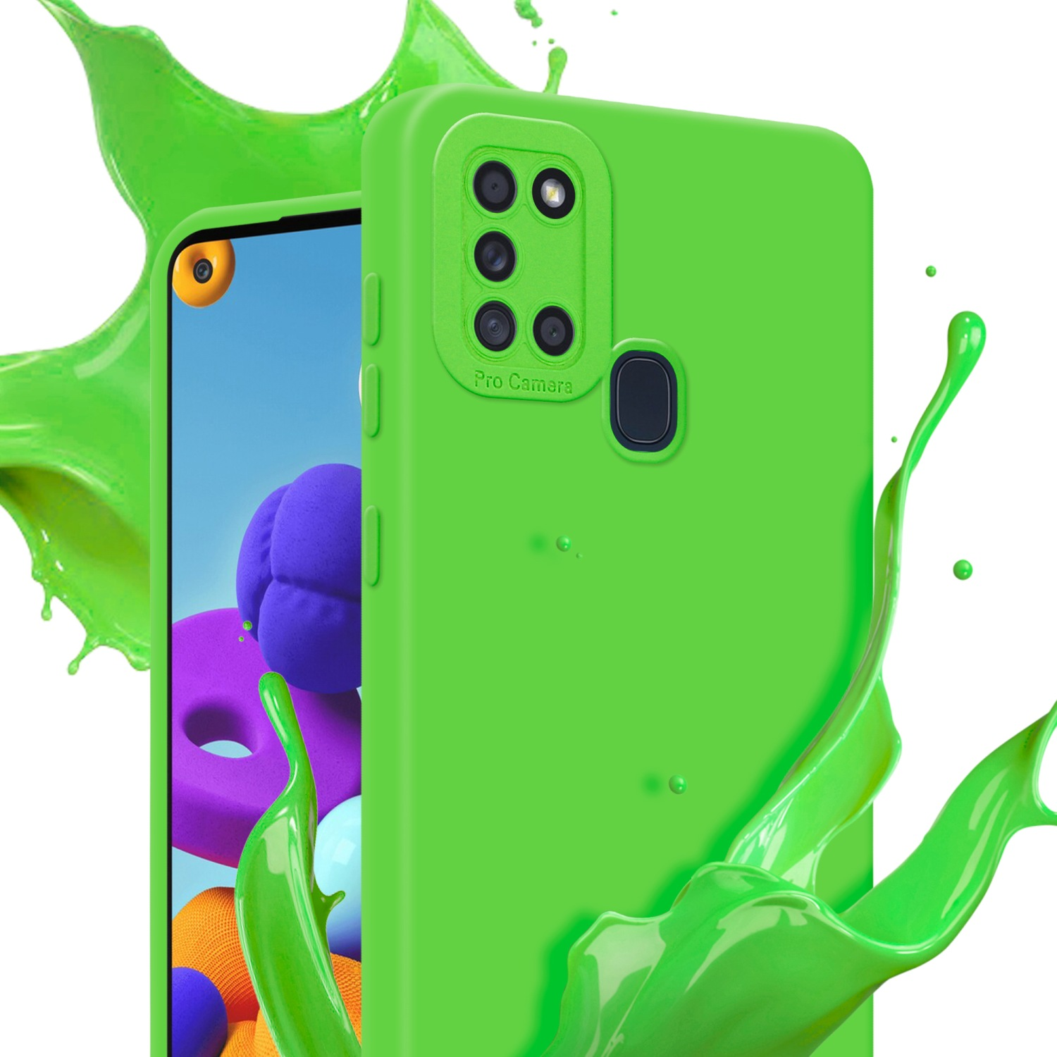 Custodia verde con schermo, schizzo di vernice verde e sfondo bianco.
