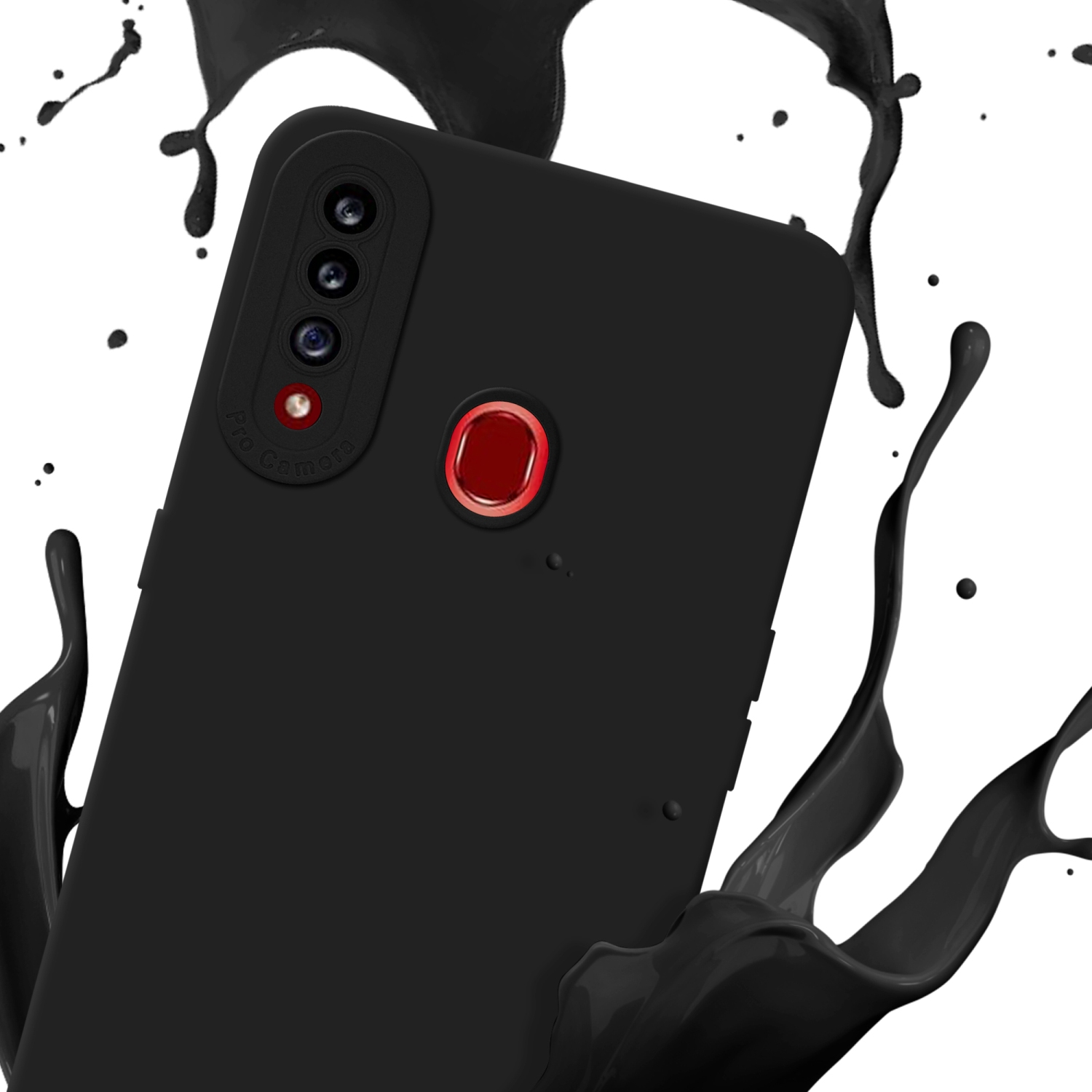 Custodia nera con dettagli fotocamera, schizzo di liquido nero su sfondo bianco.