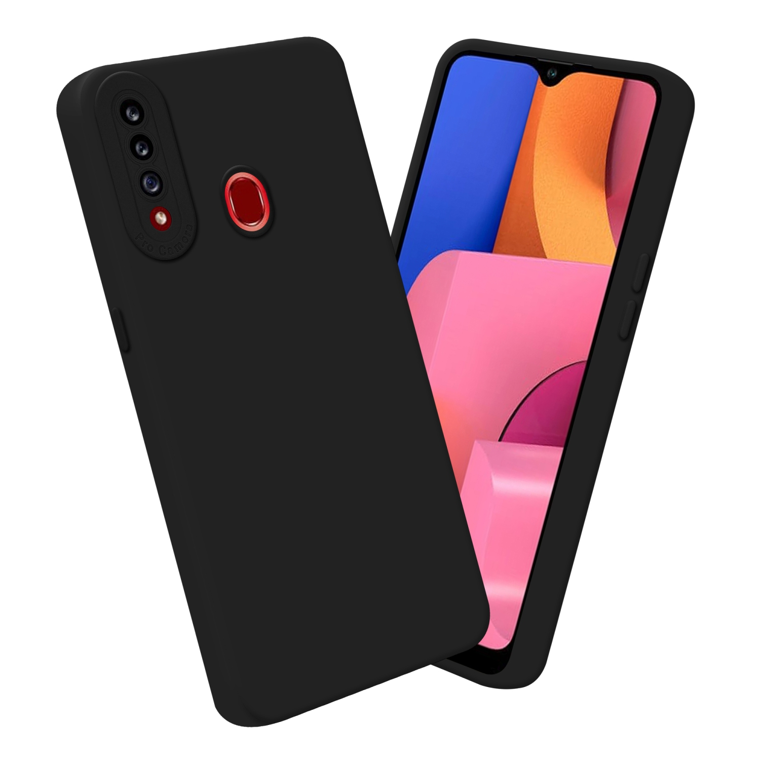 Custodia per telefono nera. Un telefono che mostra uno sfondo rosa e arancione. Fiori gialli sullo sfondo.