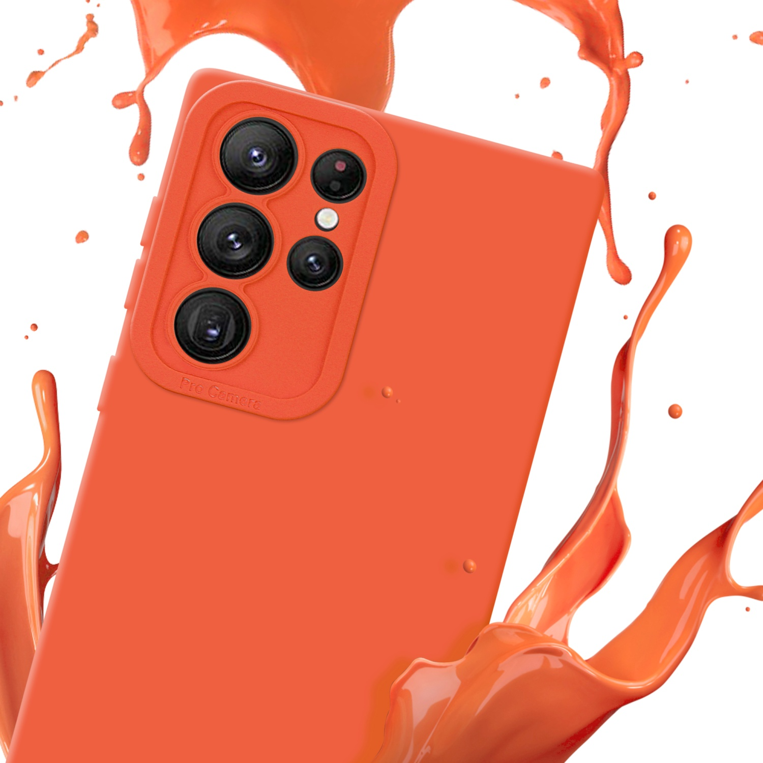 Une coque de téléphone orange avec des éclaboussures de peinture orange. Étiquette Pro Camera.