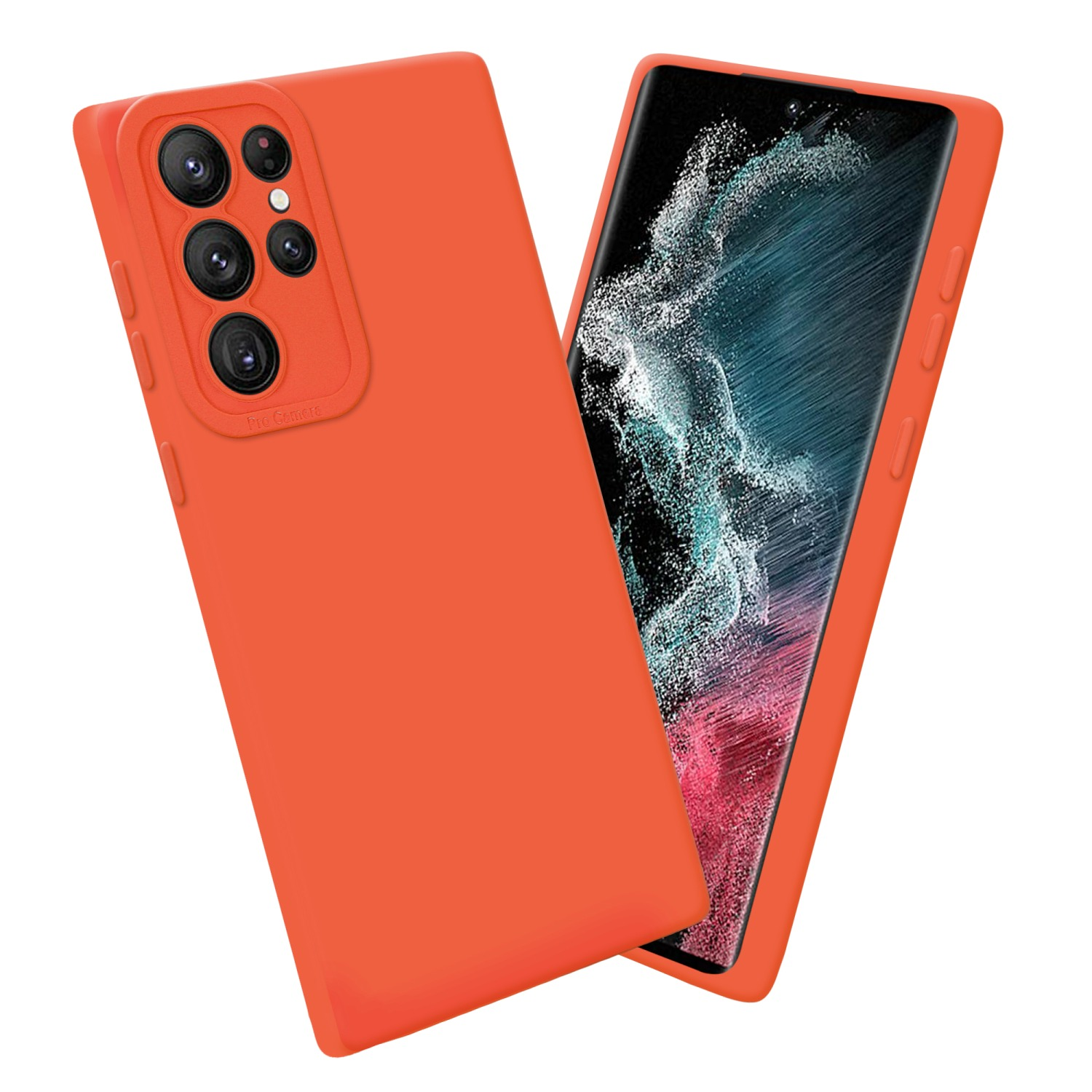 Deux coques de téléphone orange, l'une couvre le téléphone. Le téléphone est visible. La coque couvre l'arrière et a des trous pour la caméra.