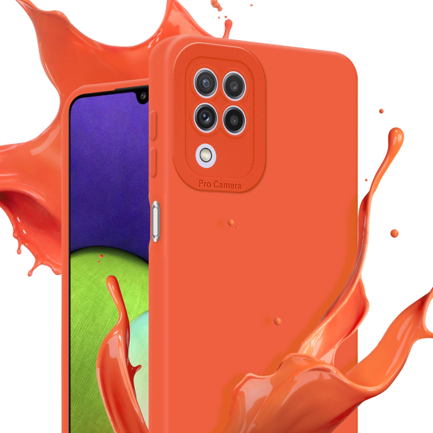 Custodia arancione con modulo fotocamera, spruzzo di vernice arancione. Lo schermo del telefono è visibile.