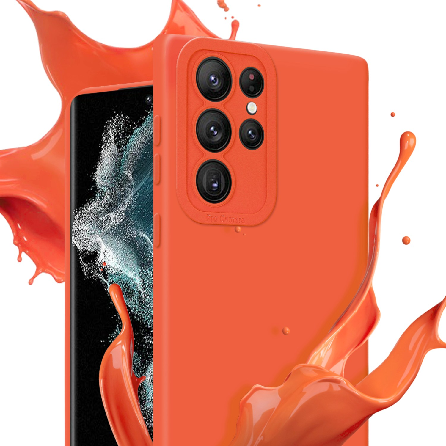Une coque de téléphone orange avec une bosse de caméra. Un téléphone est à l'intérieur et une éclaboussure de peinture orange est visible.