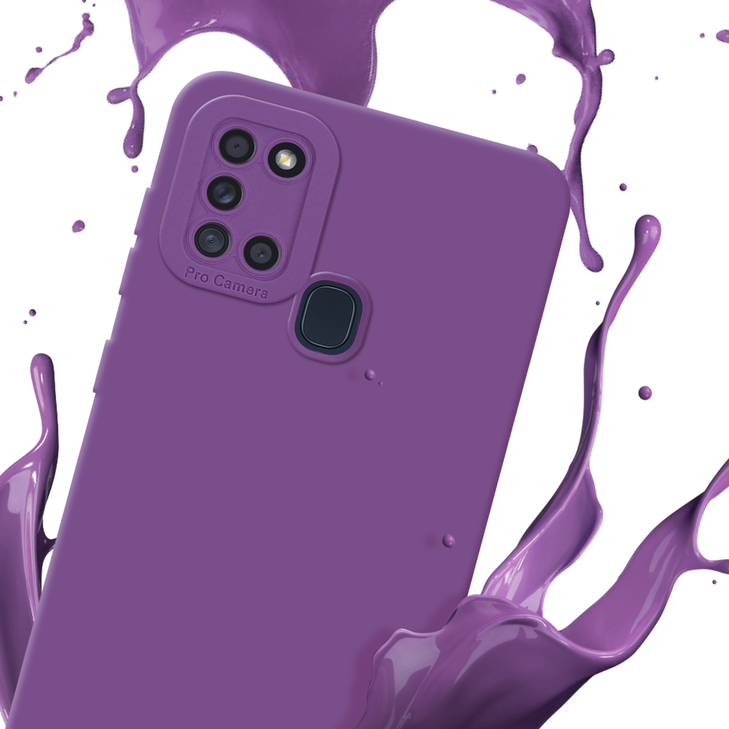 Coque de téléphone violette avec caméra, effet splash. Fond blanc.