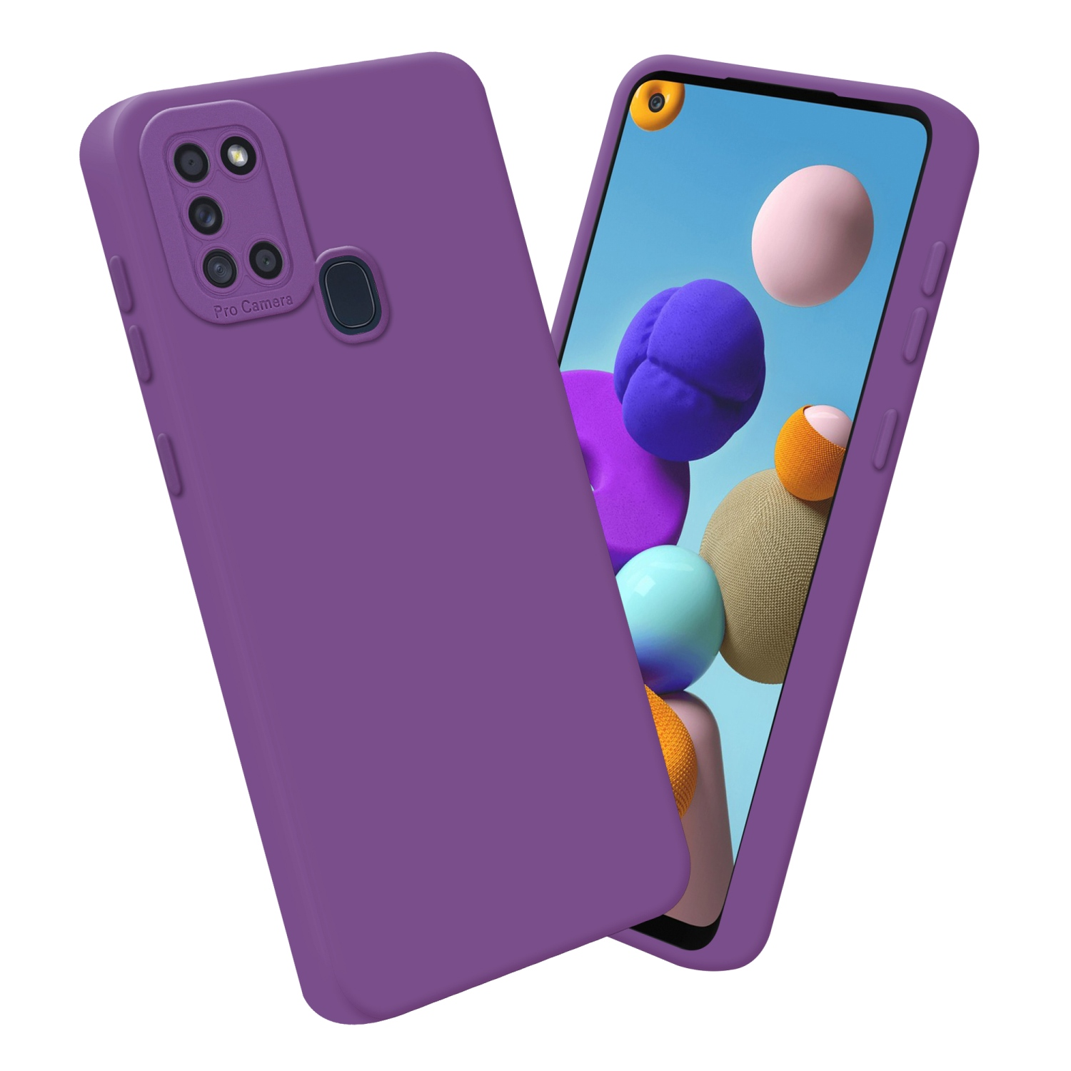 Coque de téléphone violette avec écran affichant un écran de téléphone.