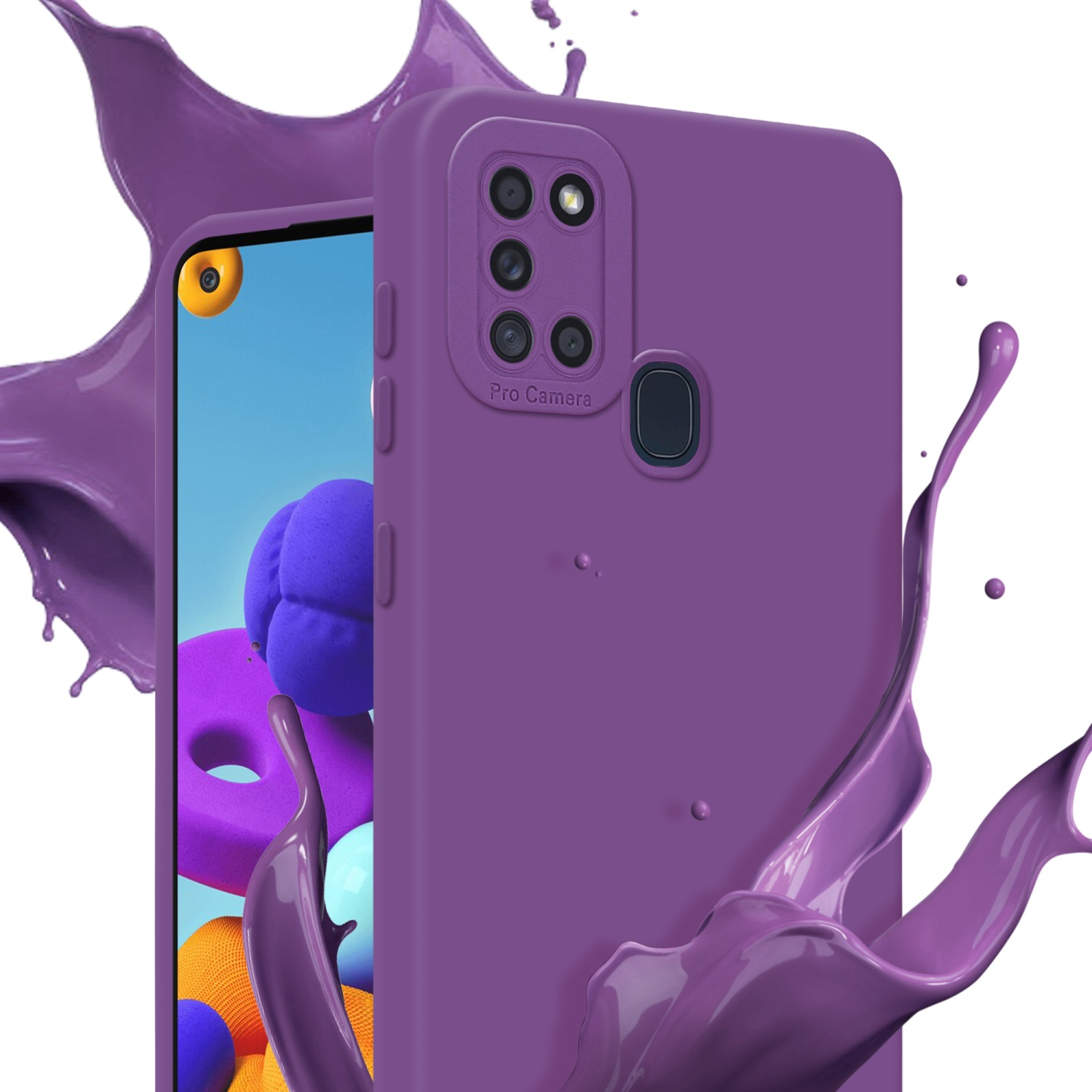 Coque de téléphone violette avec téléphone et éclaboussures de peinture. Découpe caméra.