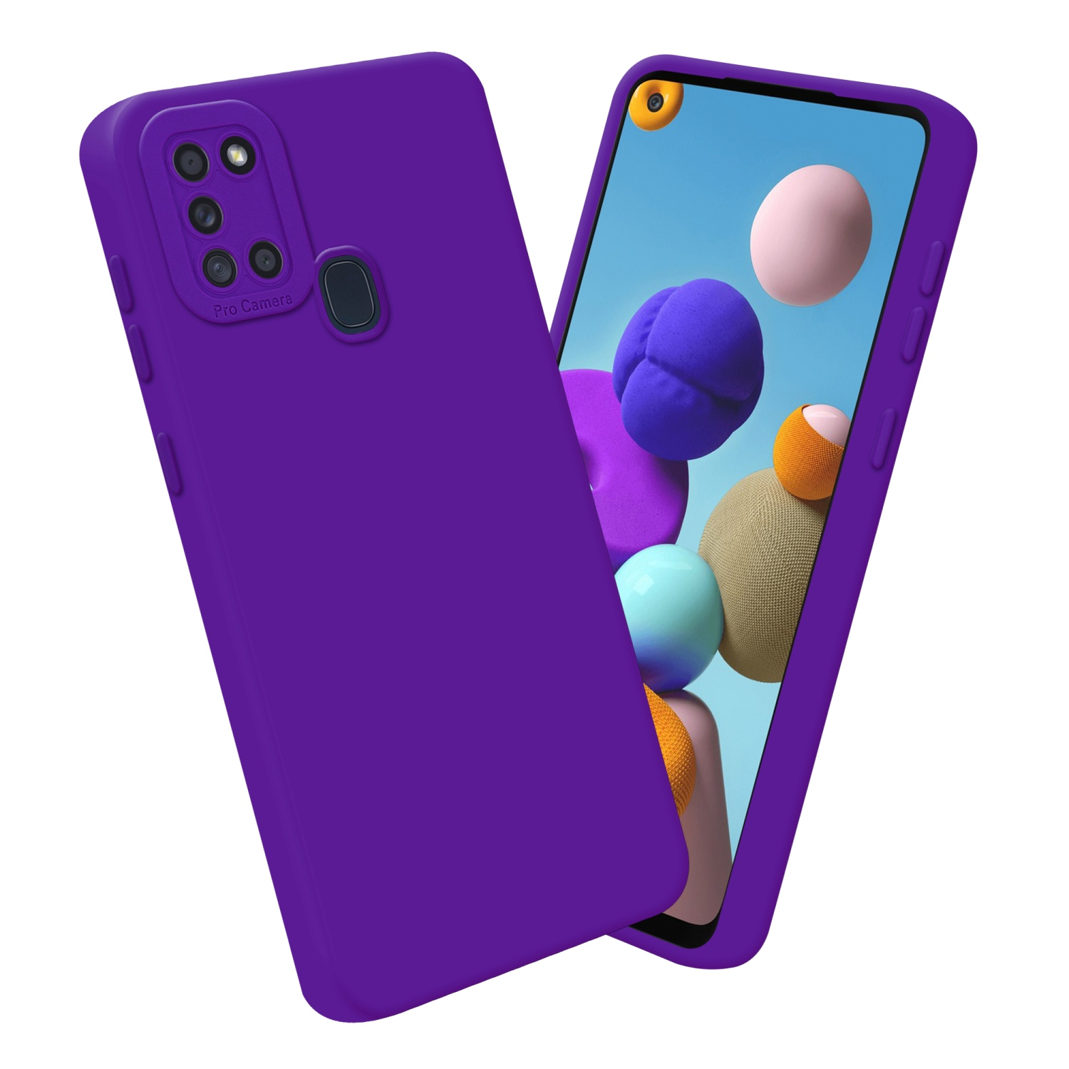 Custodia e telefono viola. Il telefono mostra un'immagine astratta colorata.