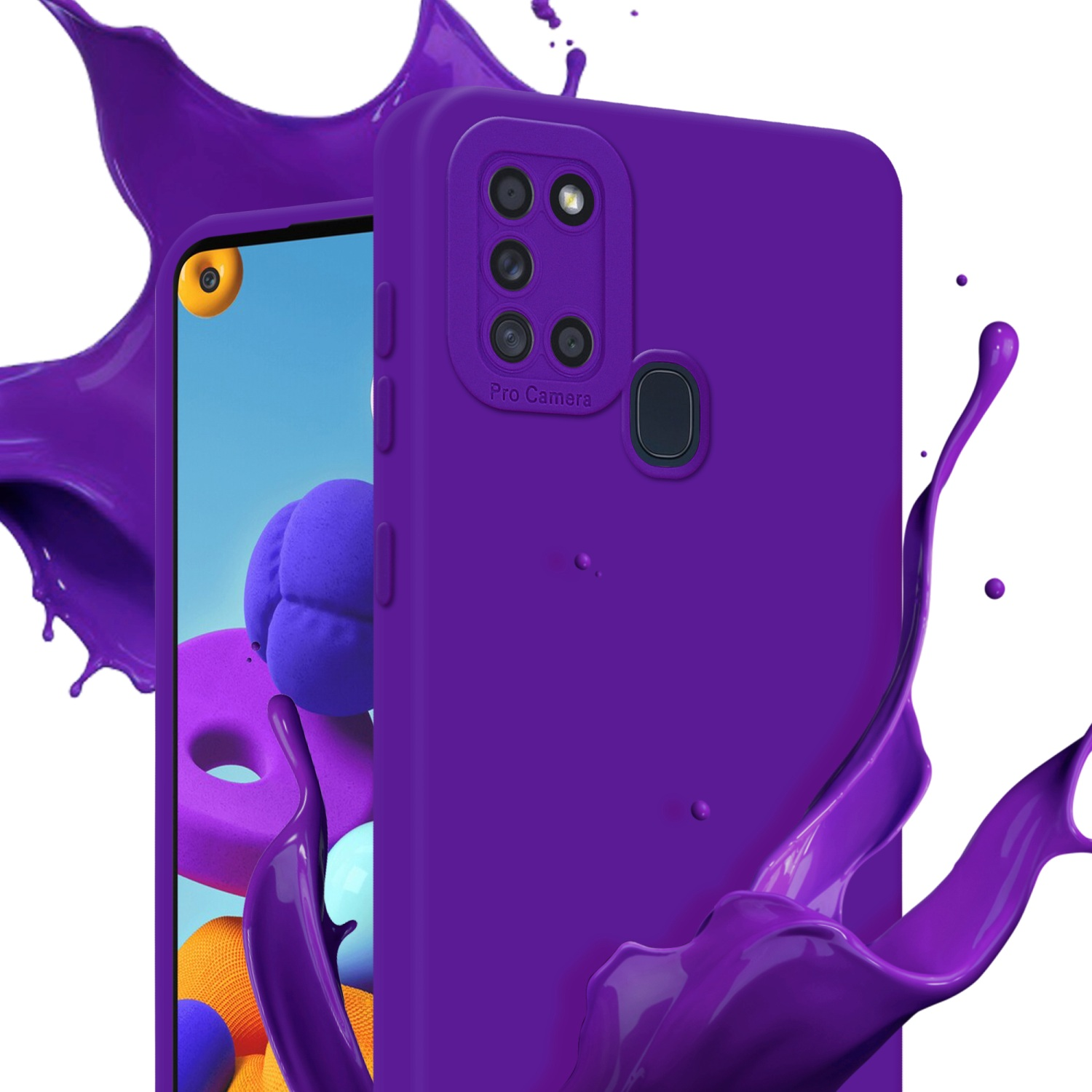 Custodia viola con schizzi e telefono. Lo schermo del telefono è visibile.