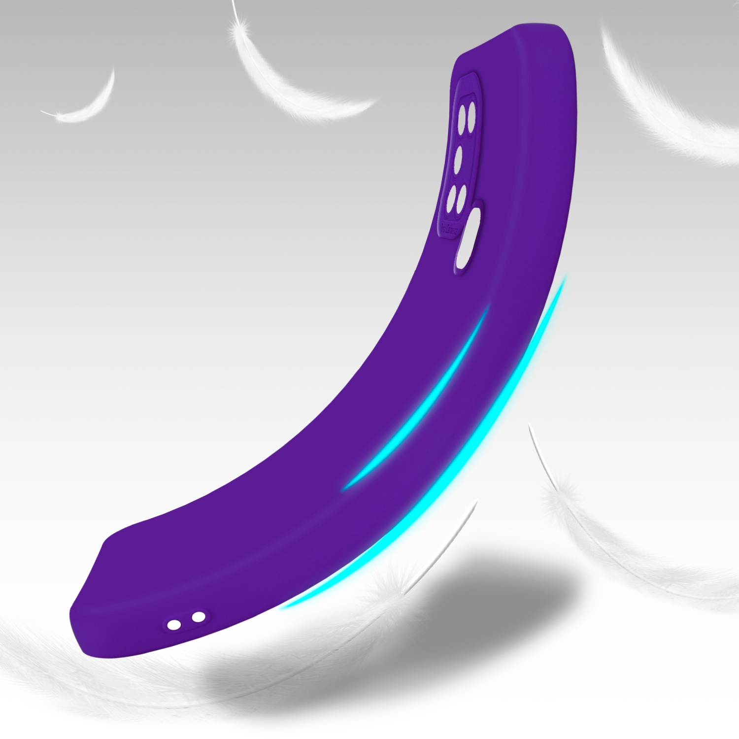 Custodia viola per telefono con design curvo, fluttuante con piume sullo sfondo.
