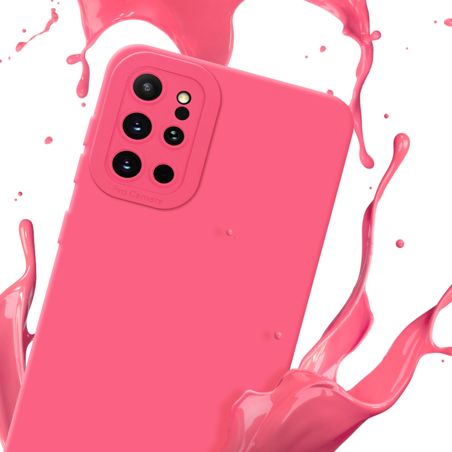Rosa Handyhülle mit Kameralinsen, mit rosa Farbspritzer-Effekt auf weißem Hintergrund.