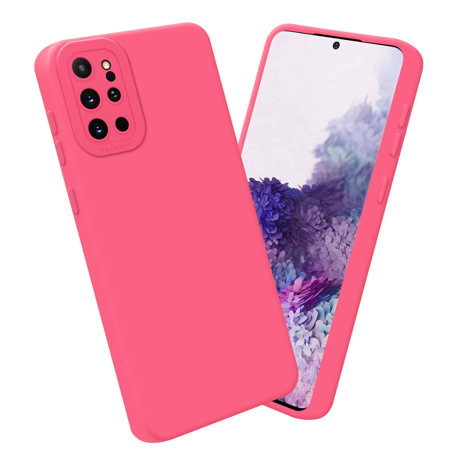 Zwei rosa Handyhüllen. Eine abgewinkelt, die andere hat einen Bildschirm mit floralem Hintergrund.