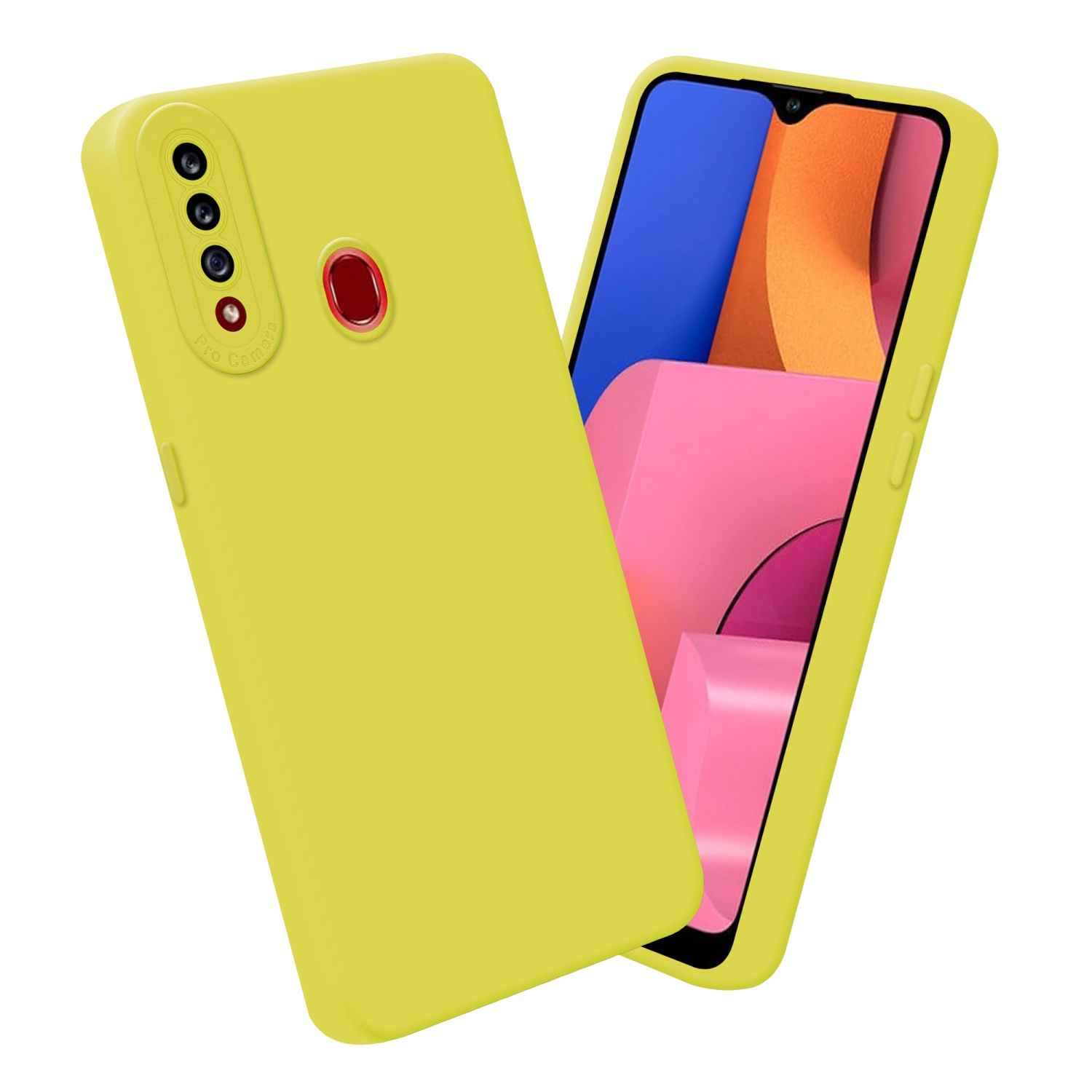 Zwei gelbe Handyhüllen. Eine mit Telefon, rosa Bildschirm. Die andere, eine einfarbige gelbe Hülle.
