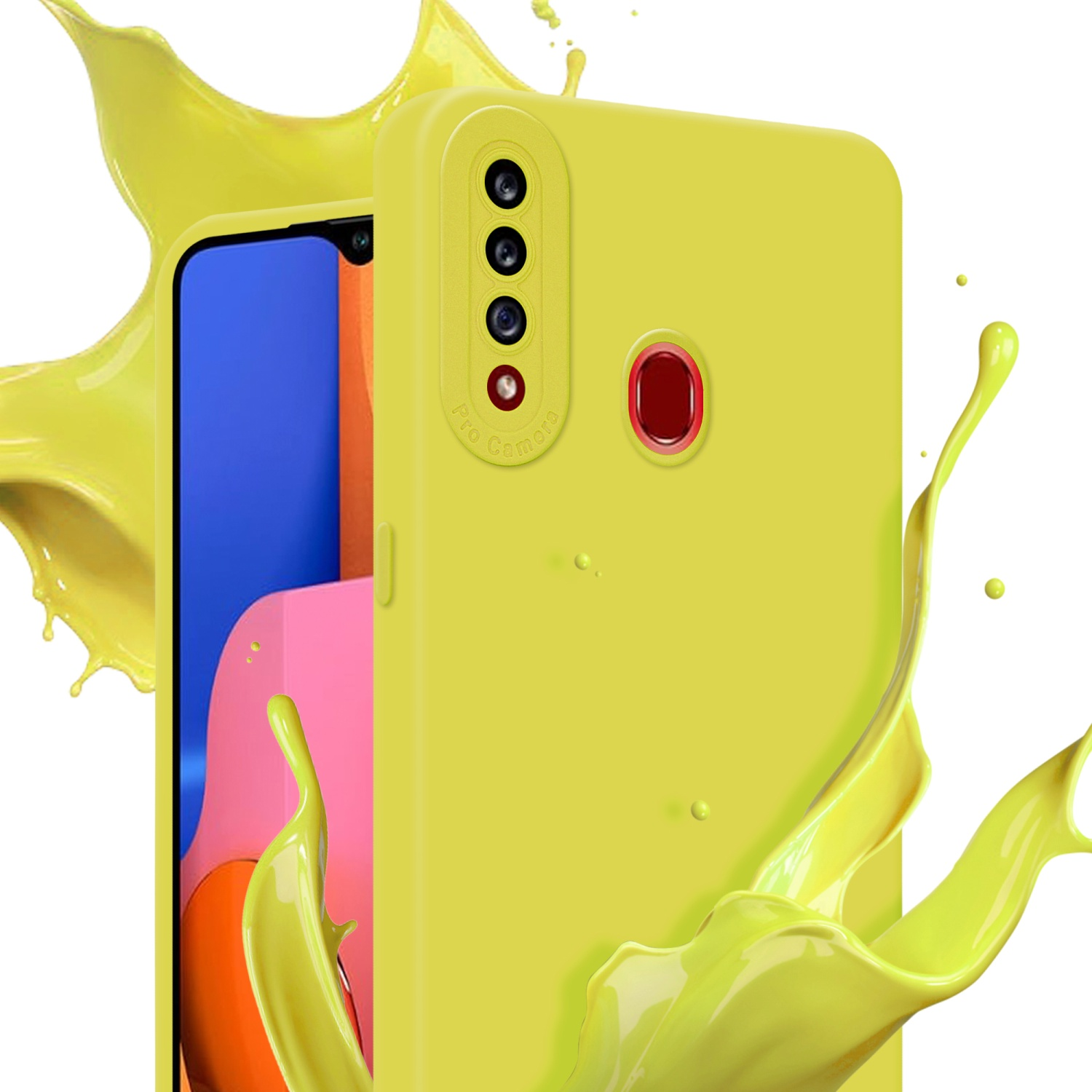 Gelbe Handyhülle mit Telefon darin und gelbem Farbspritzer.