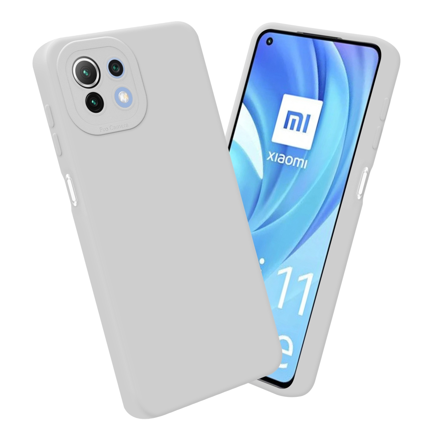 Custodia e telefono grigi. Il telefono mostra il logo Xiaomi e il numero 11. Sfondo bianco.