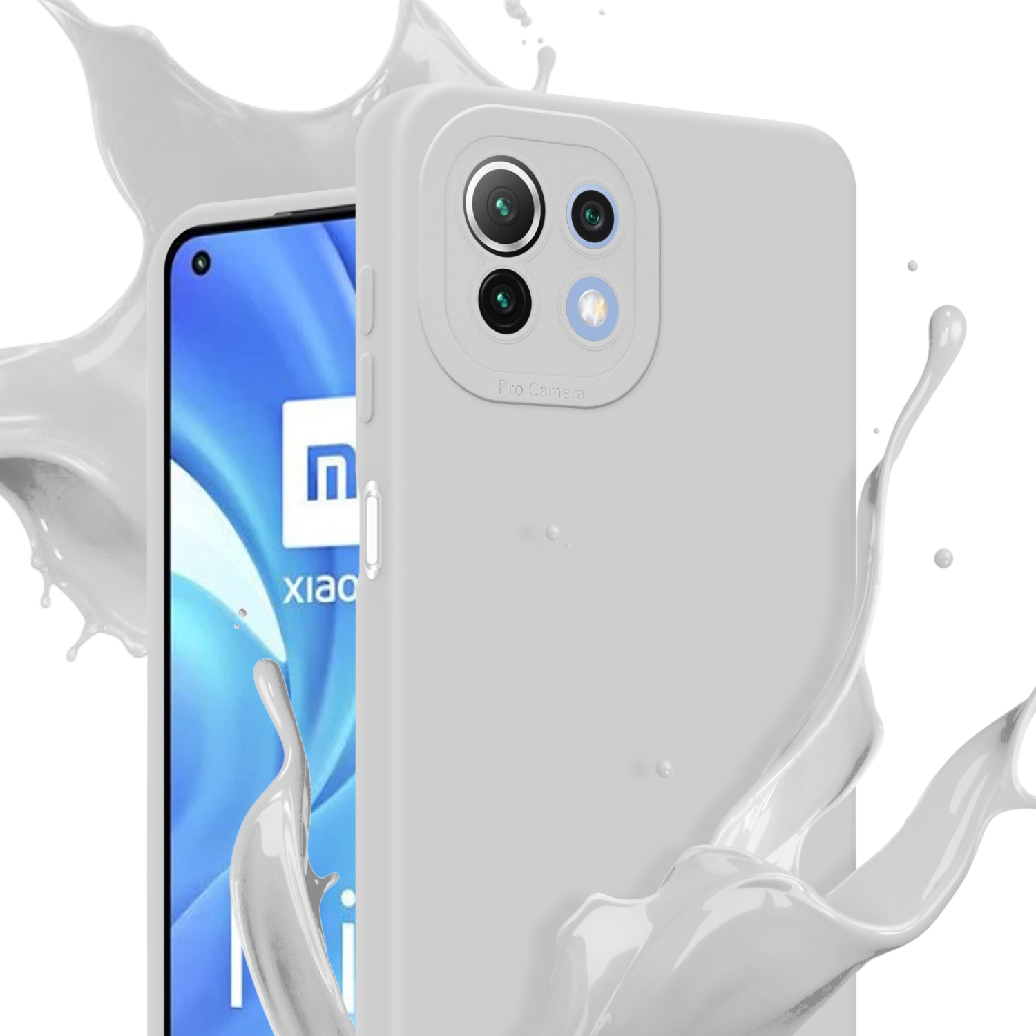 Custodia grigia per telefono con telefono e schizzo di vernice bianca. Sfondo bianco.