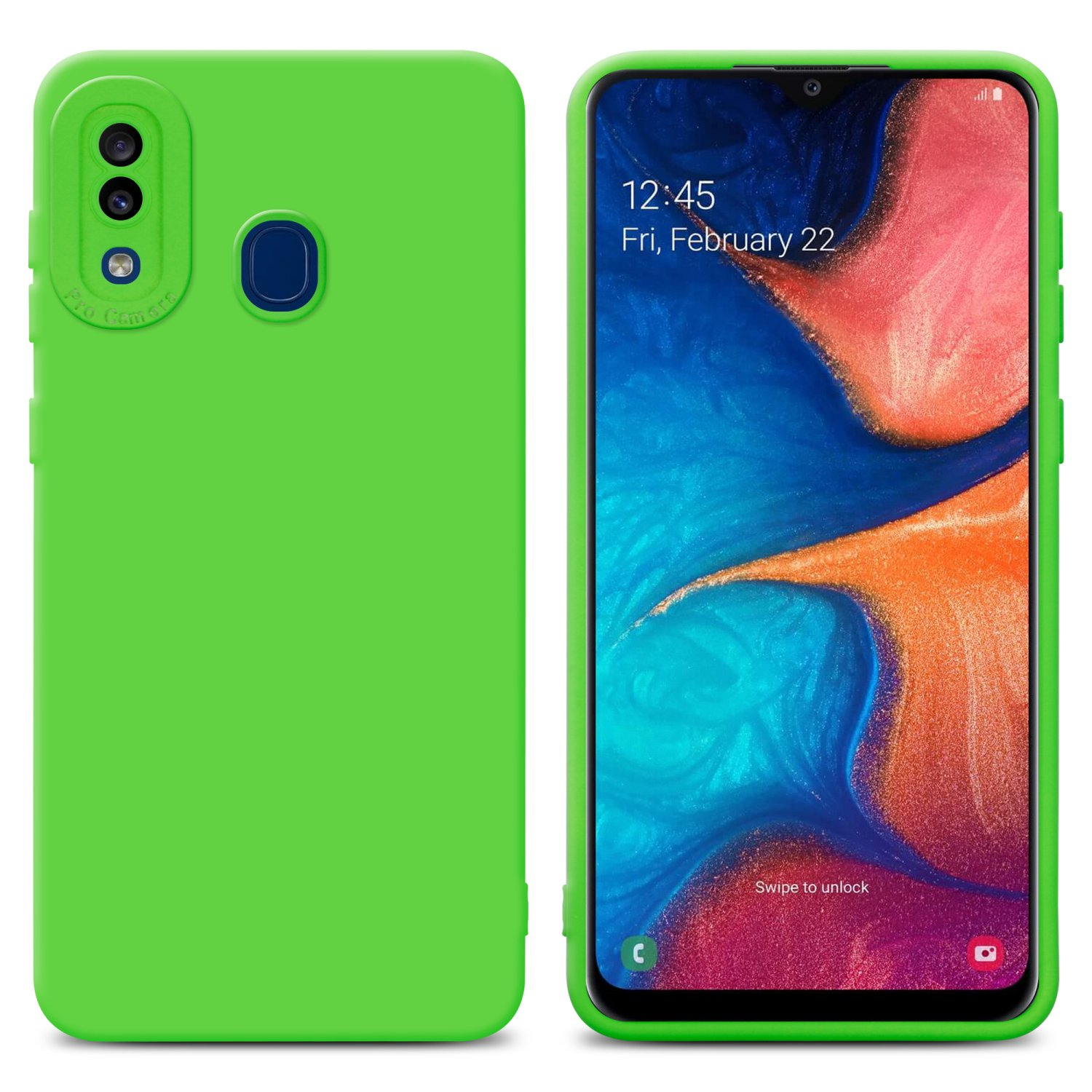 Custodia verde e smartphone con display colorato. La custodia copre retro e lati del telefono.