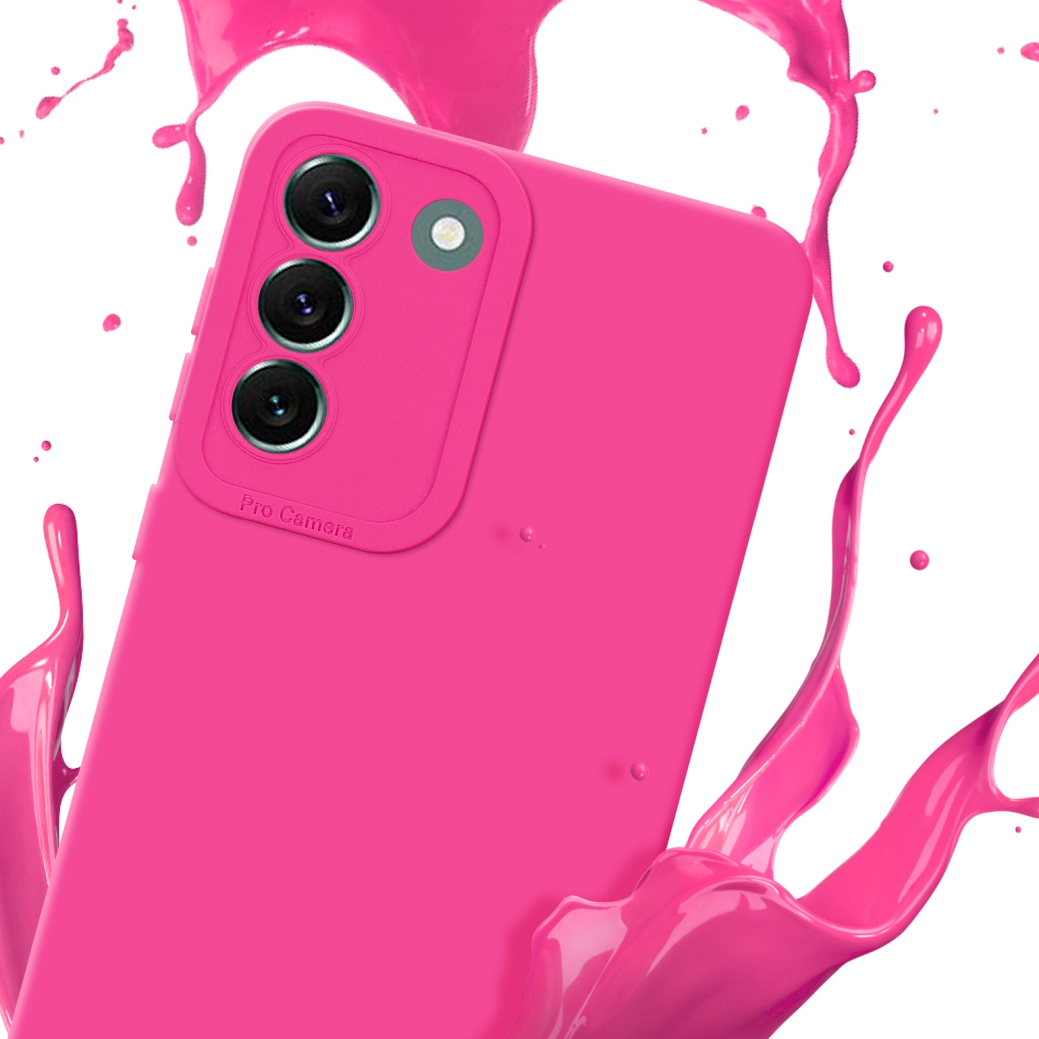 Una custodia rosa con schizzi rosa, sfondo bianco. Scritto Pro Camera.