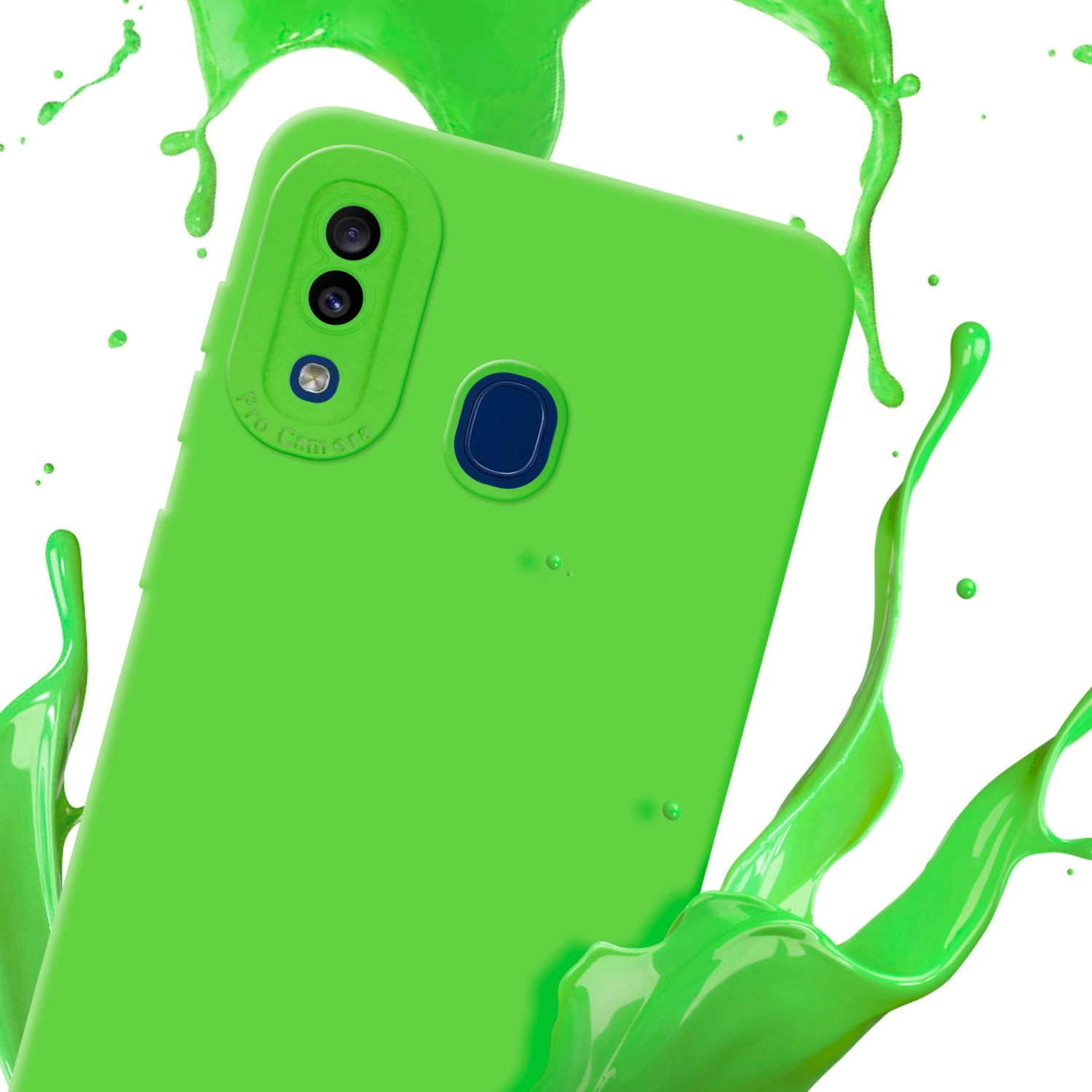 Custodia verde con schizzo di vernice verde. Mostrato il retro del telefono.