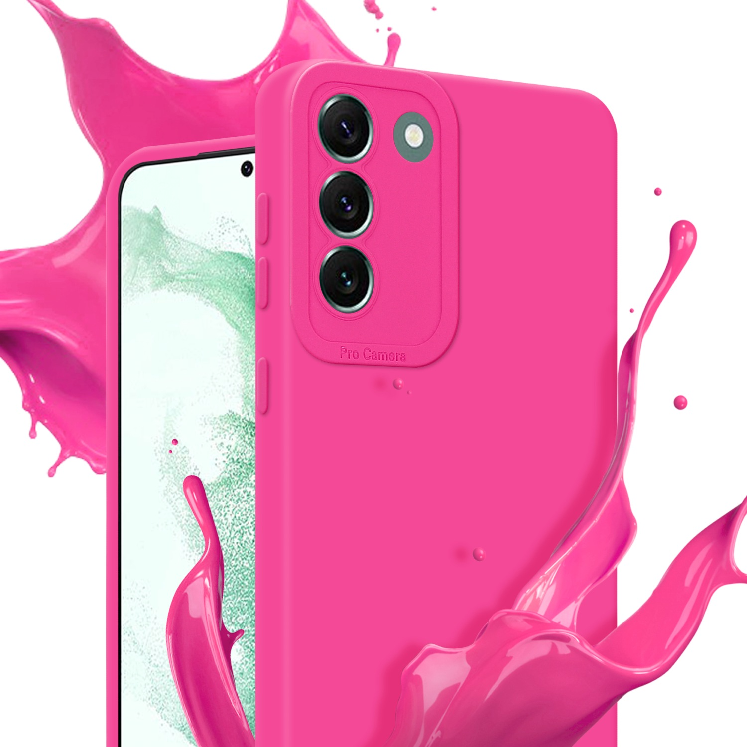 Custodia rosa con tre fotocamere. Schizzo di vernice rosa. Schermo del telefono visibile. Sfondo bianco.