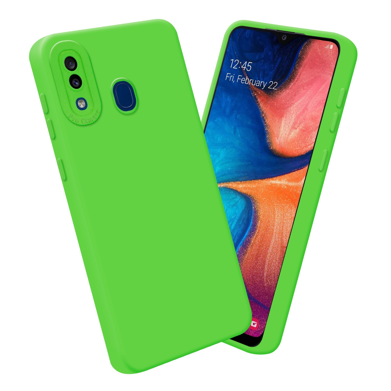 Una custodia verde per telefono con schermo visibile, con visualizzazione dell'ora e della data visibile.