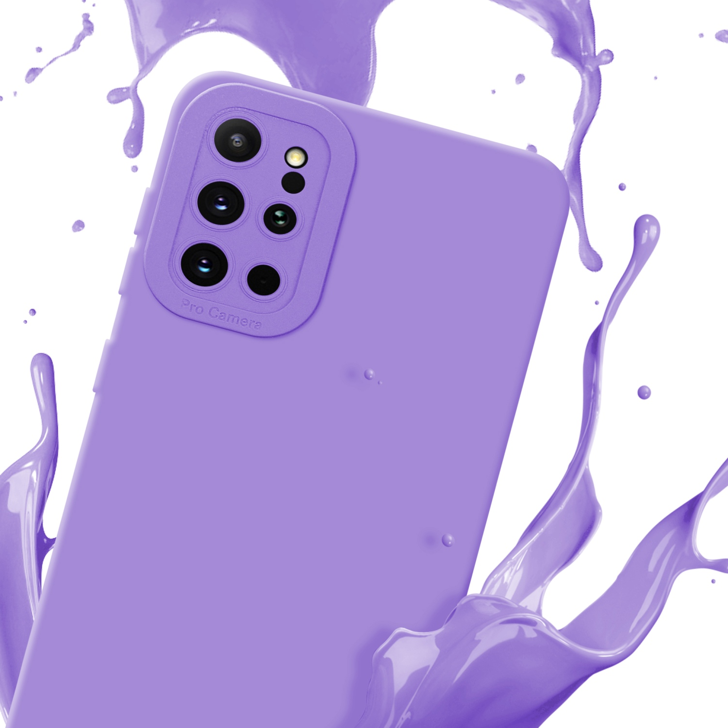 Una custodia viola per telefono con un rialzo per la fotocamera è mostrata. Vernice viola è spruzzata intorno alla custodia.