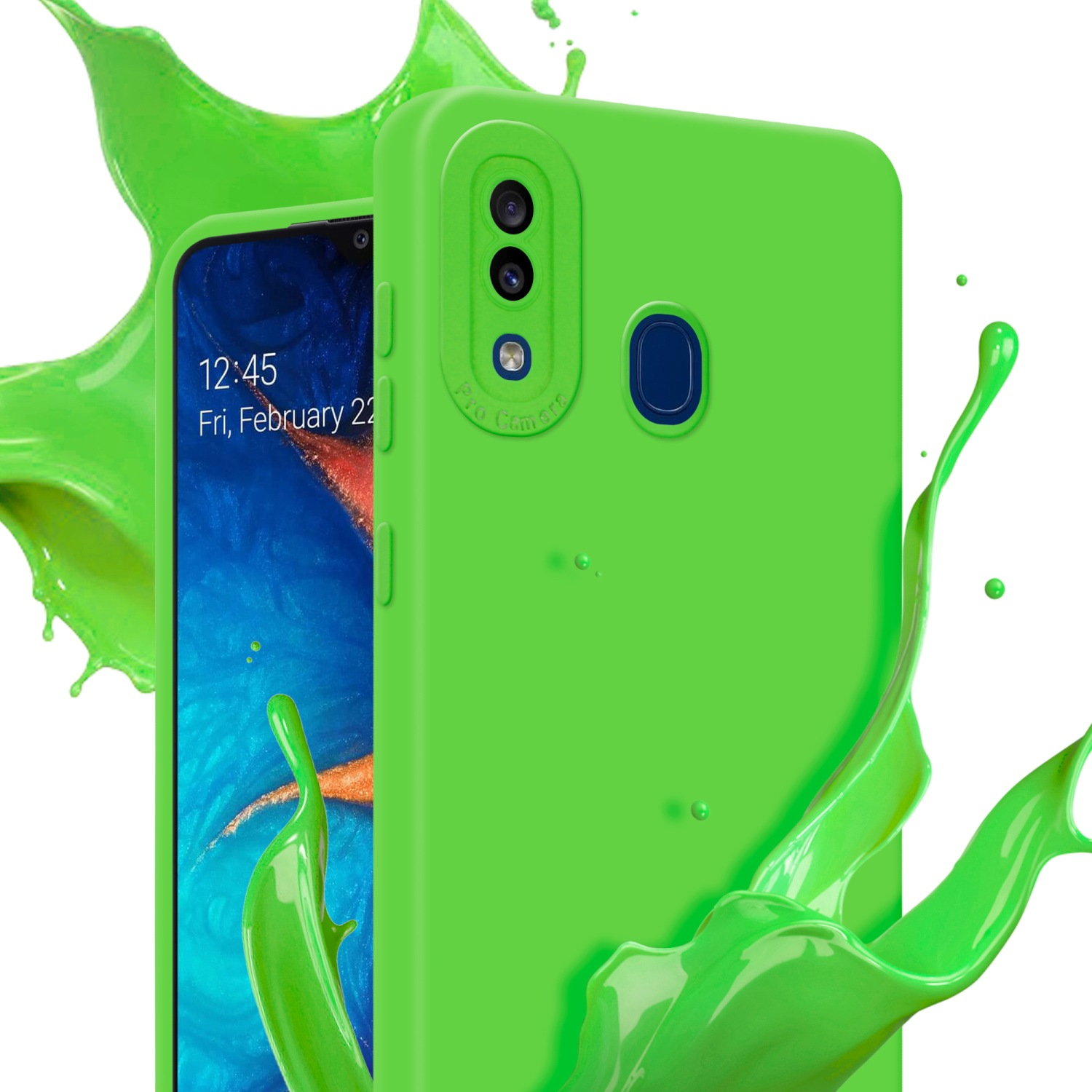 Custodia verde per telefono con un telefono all'interno, schizzi di vernice verde su sfondo bianco. L'ora è mostrata.