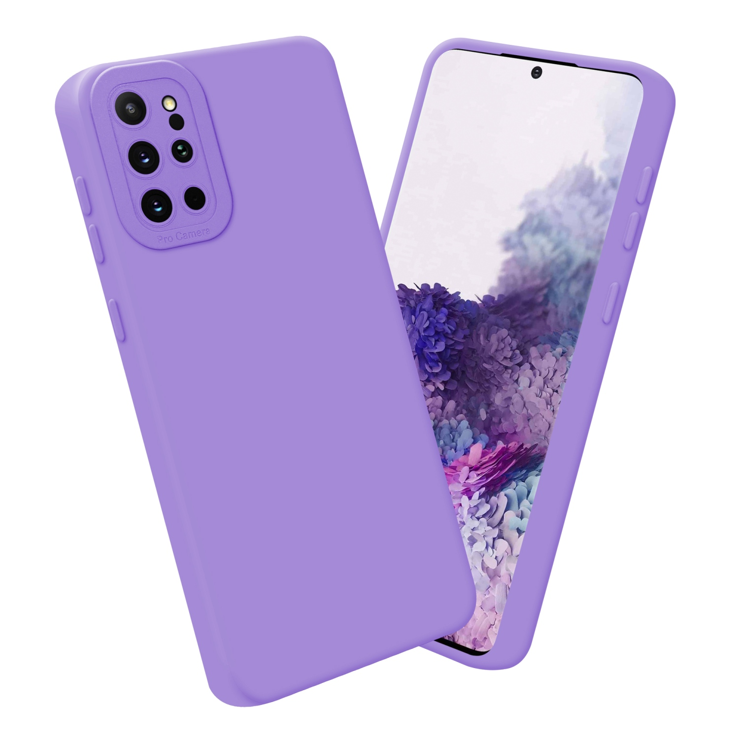 Custodia per telefono viola con telefono. Sfondo bianco.