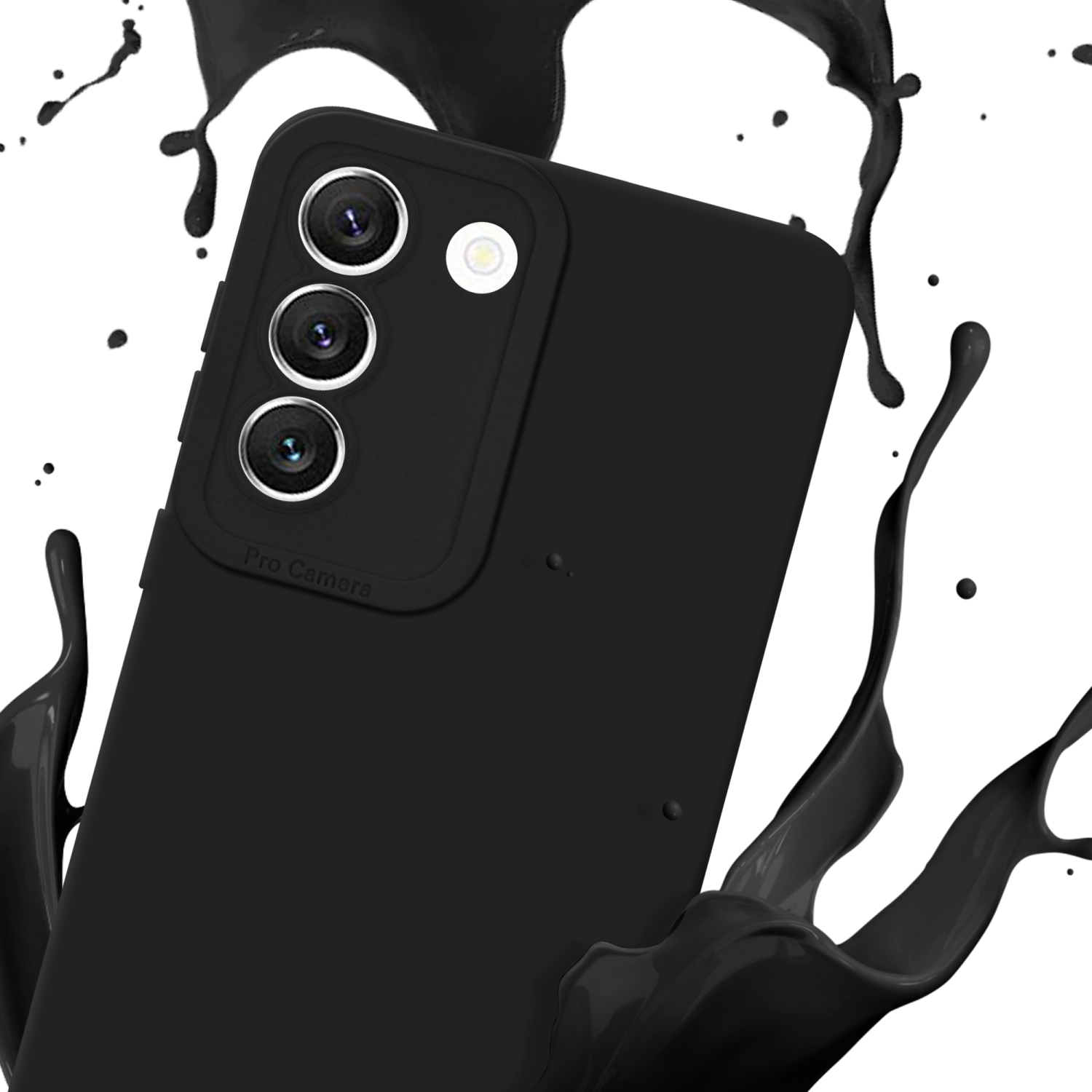 Coque de téléphone noire avec trois lentilles de caméra, avec effet d'éclaboussure de peinture noire.