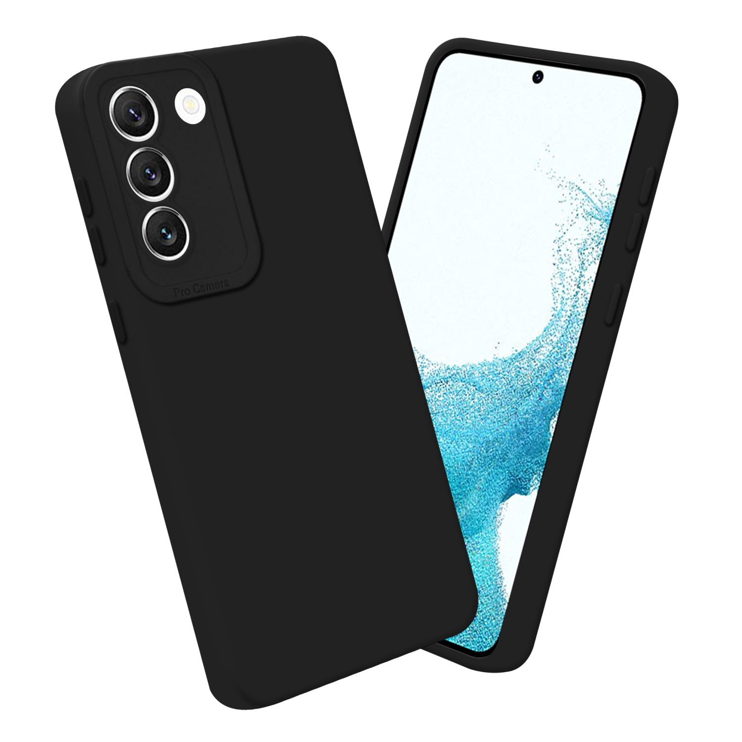 Coques de téléphone noires, une avec écran visible. Fond blanc.