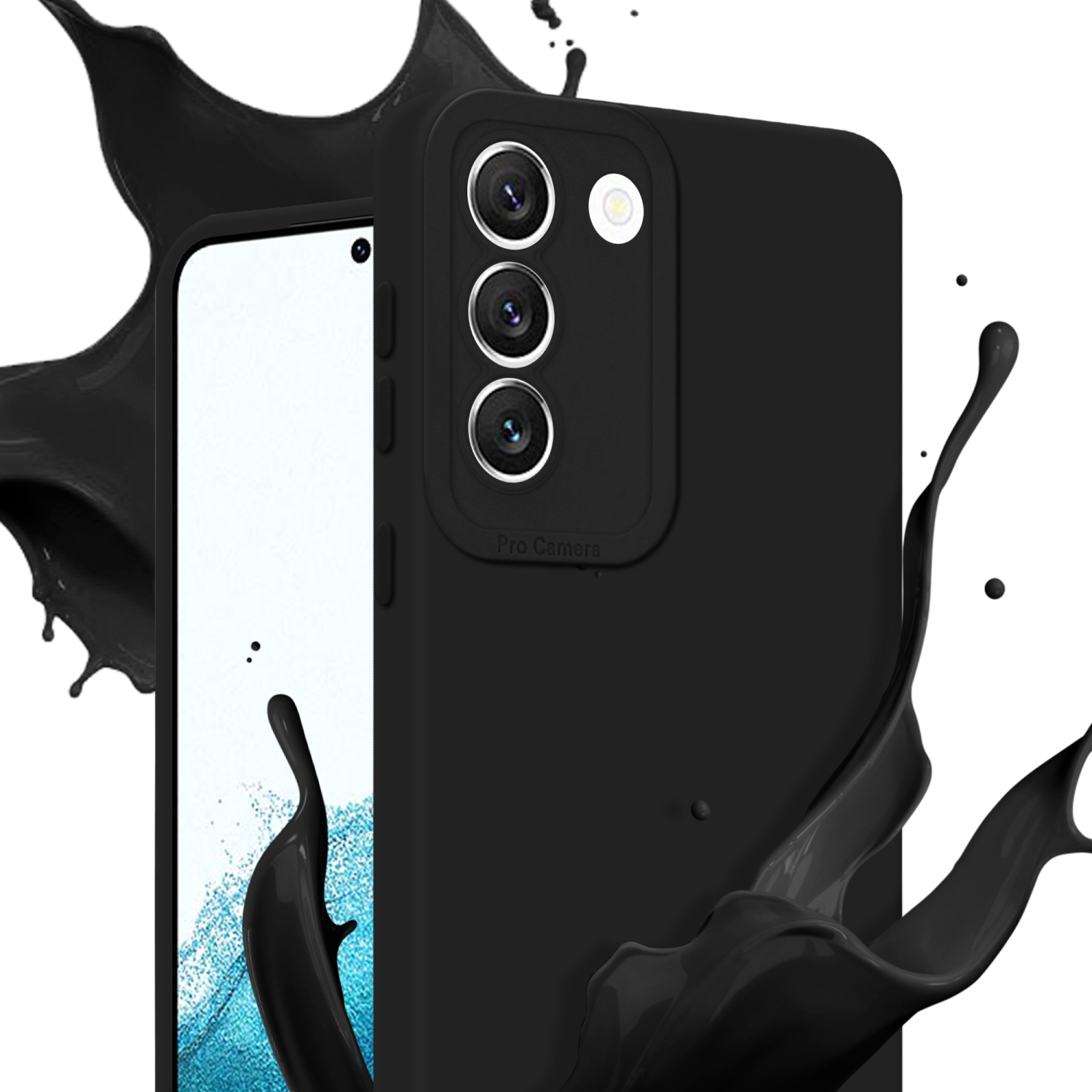 Coque de téléphone noire avec éclaboussure de liquide noir et écran de téléphone avec fond blanc.