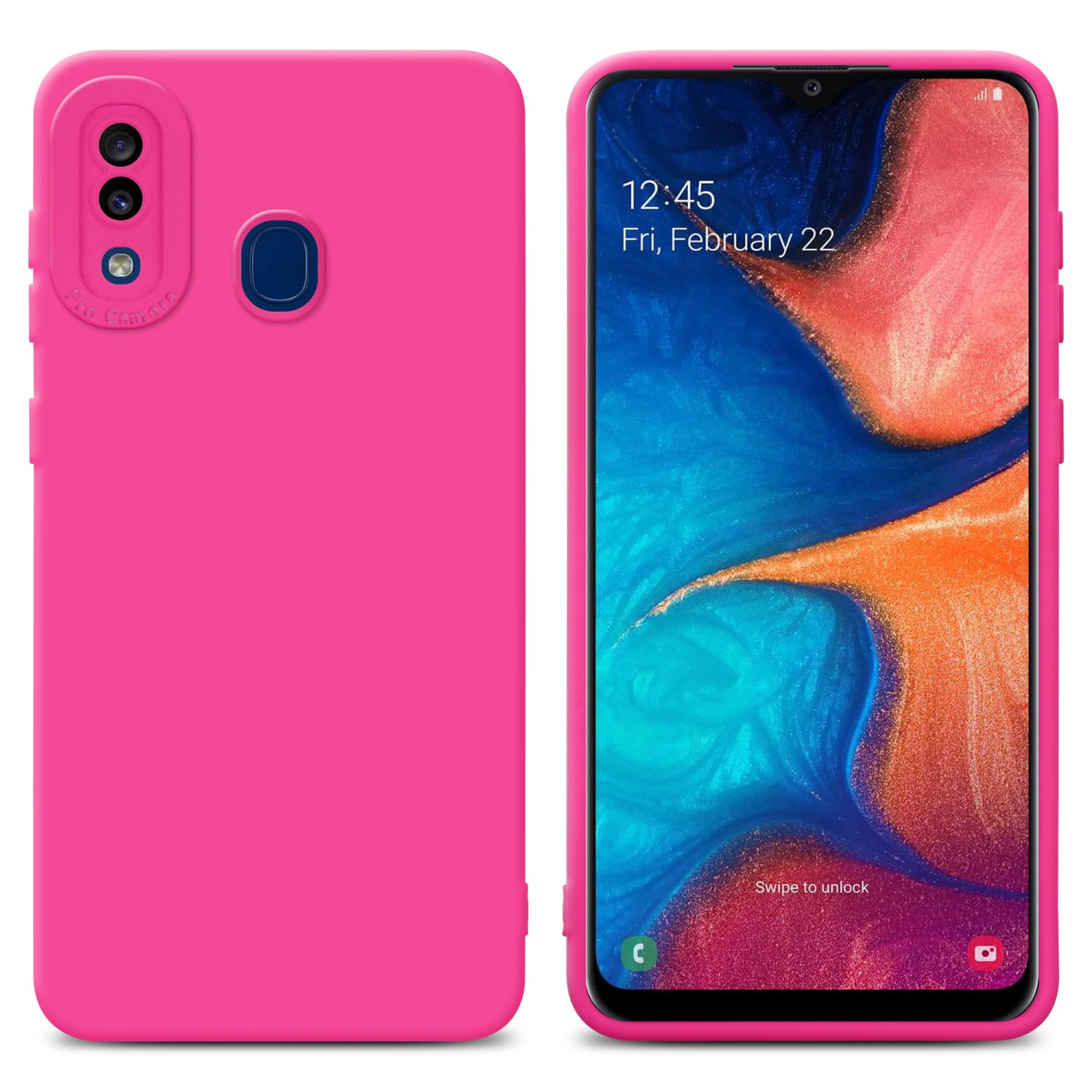 Una custodia e un telefono rosa. Il telefono mostra l'ora e la data. Il telefono ha 3 fotocamere.