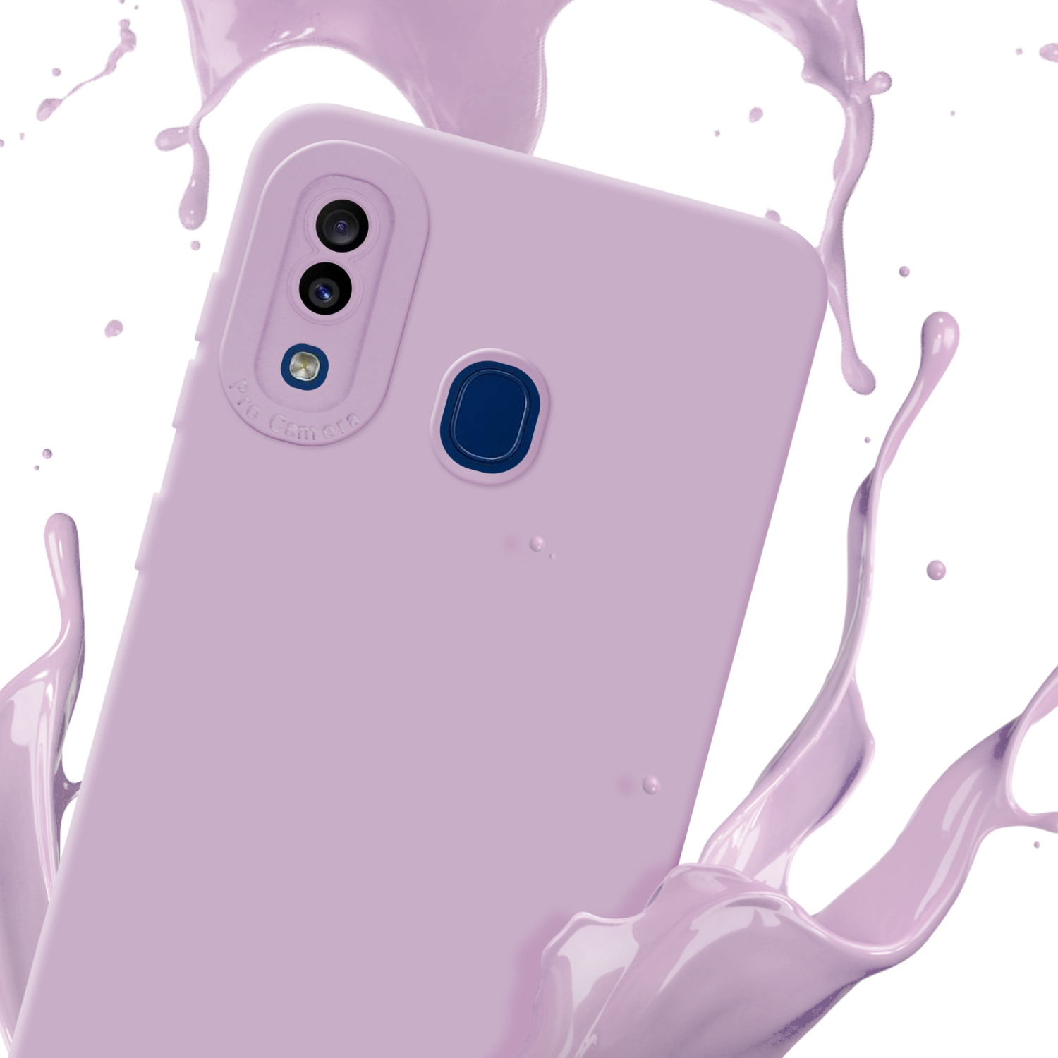 Custodia per telefono lilla con tre fotocamere, circondata da schizzi di vernice lilla su sfondo bianco.