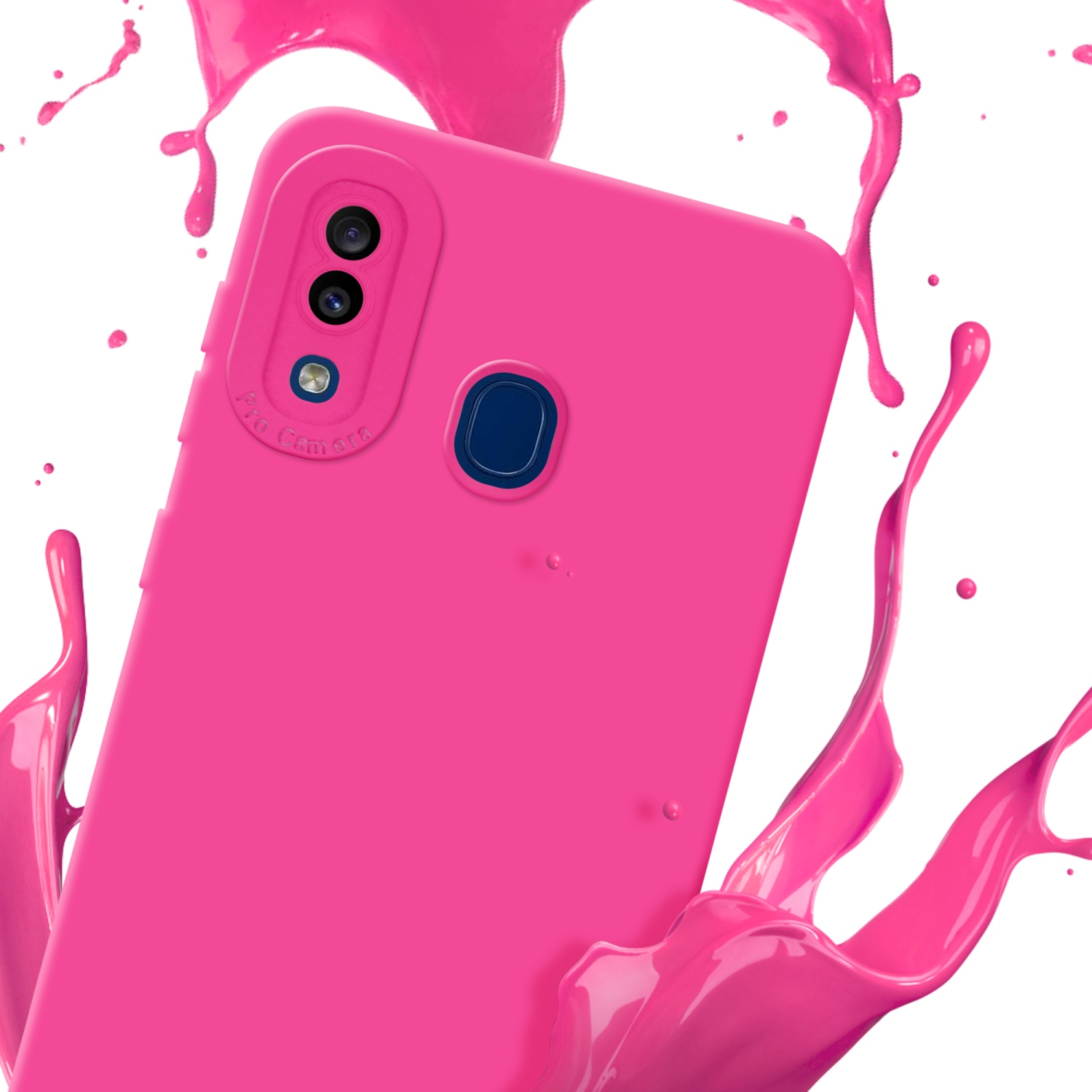 Una custodia rosa con uno schizzo di vernice rosa.