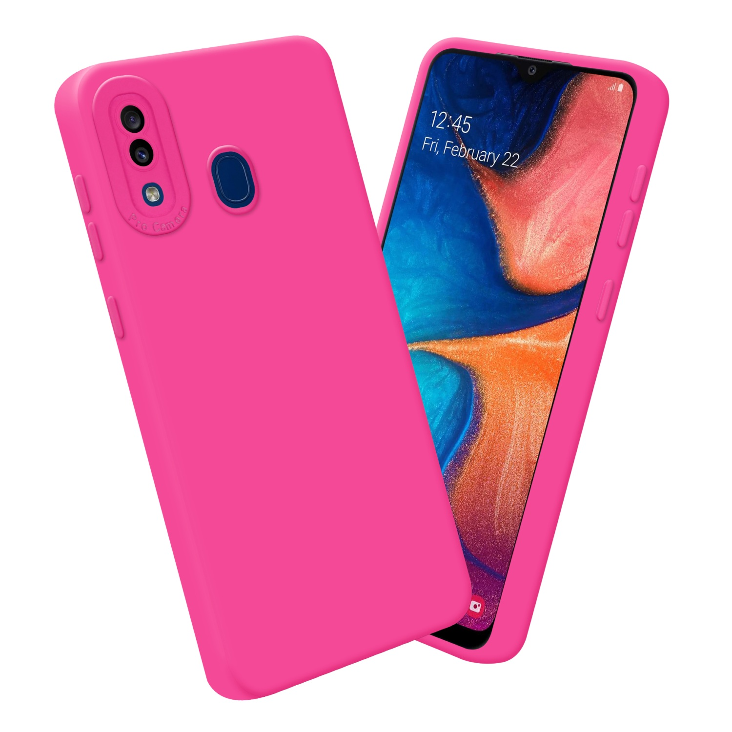 Custodia rosa con più obiettivi e schermo del telefono con interfaccia.