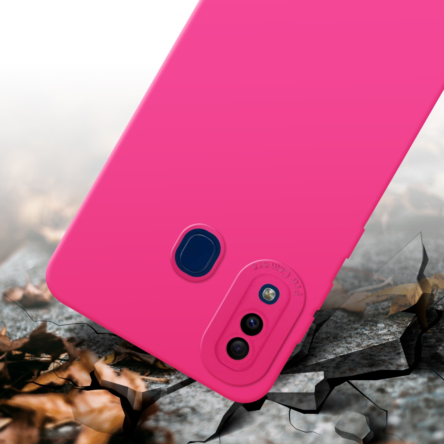 Custodia rosa su superficie incrinata, con telefono con sfondo sfocato. Ritagli per fotocamera.
